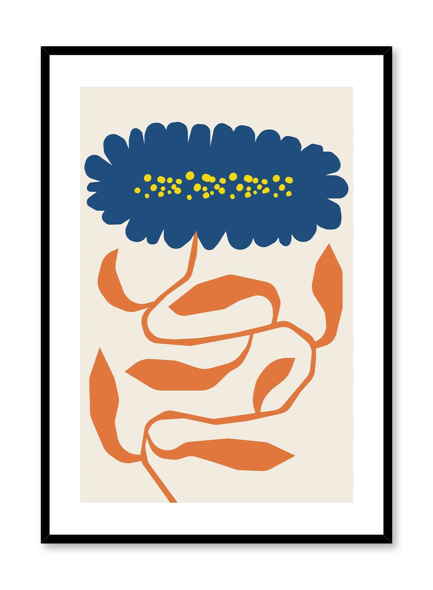 Regal Blossom is a vector illustration of orange leaves building up to an imposing and bold blue flower by Opposite Wall.
