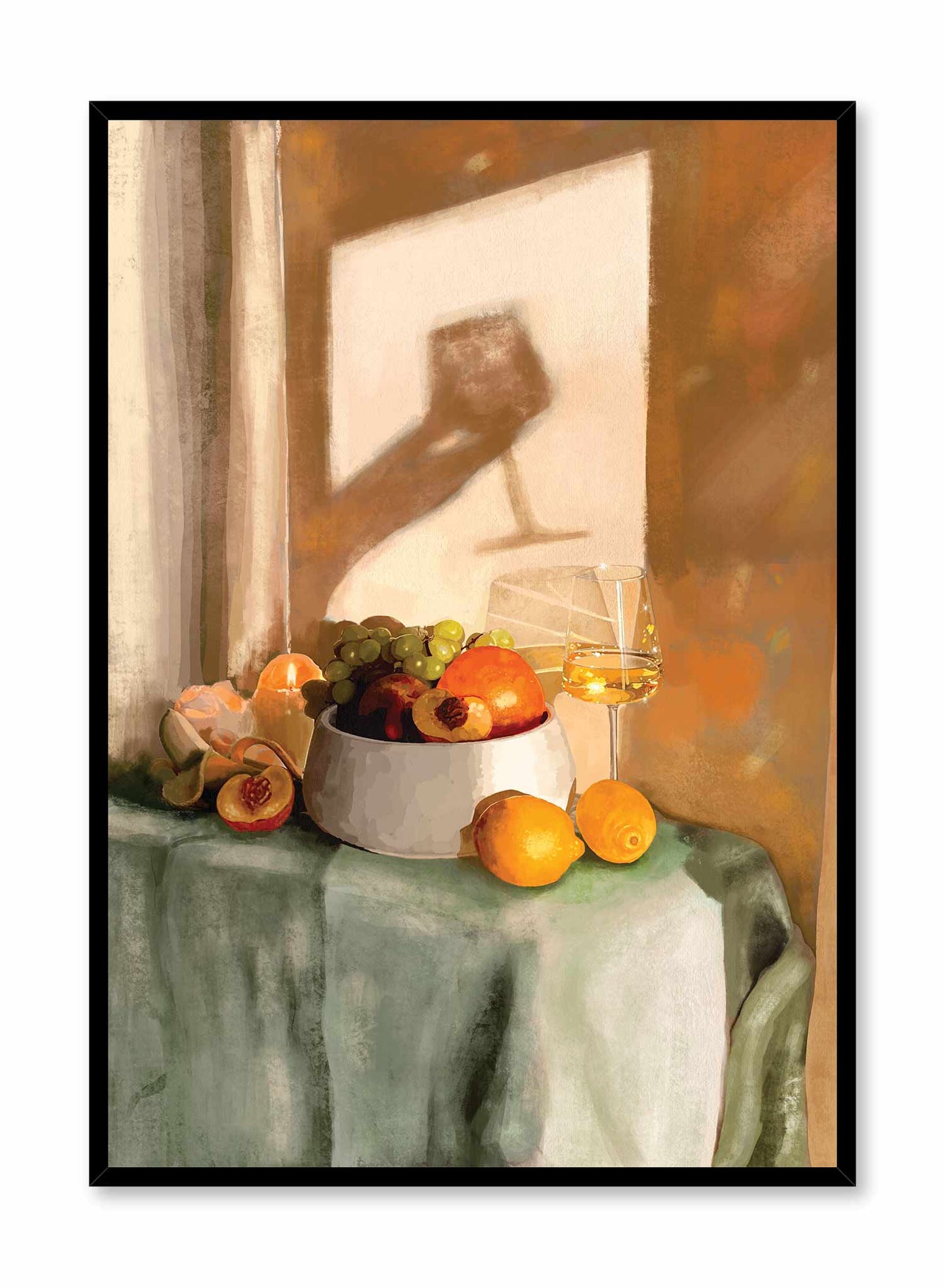 Cheers! is an illustration of the shadow of a hand raising a glass against a table with a bowl of fruits next to a glass of white wine by Audrey Rivet in collaboration with Opposite Wall.