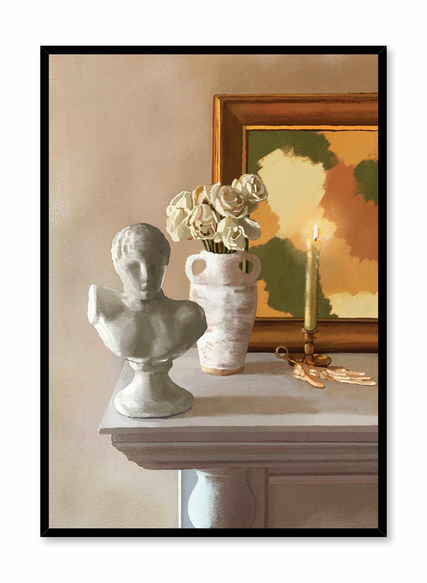 The Mantel is an illustration of a statue, a vase of white roses, and a melting candle in front of a colourful painting by Audrey Rivet in collaboration with Opposite Wall.