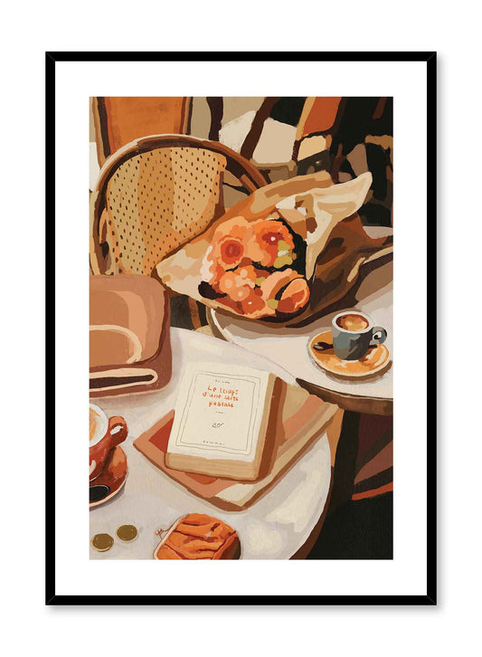 Parisian Terrace is an illustration of a busy Parisian terrace with coffee cups, a bouquet of flowers, and a book on a table by Audrey Rivet in collaboration with Opposite Wall.