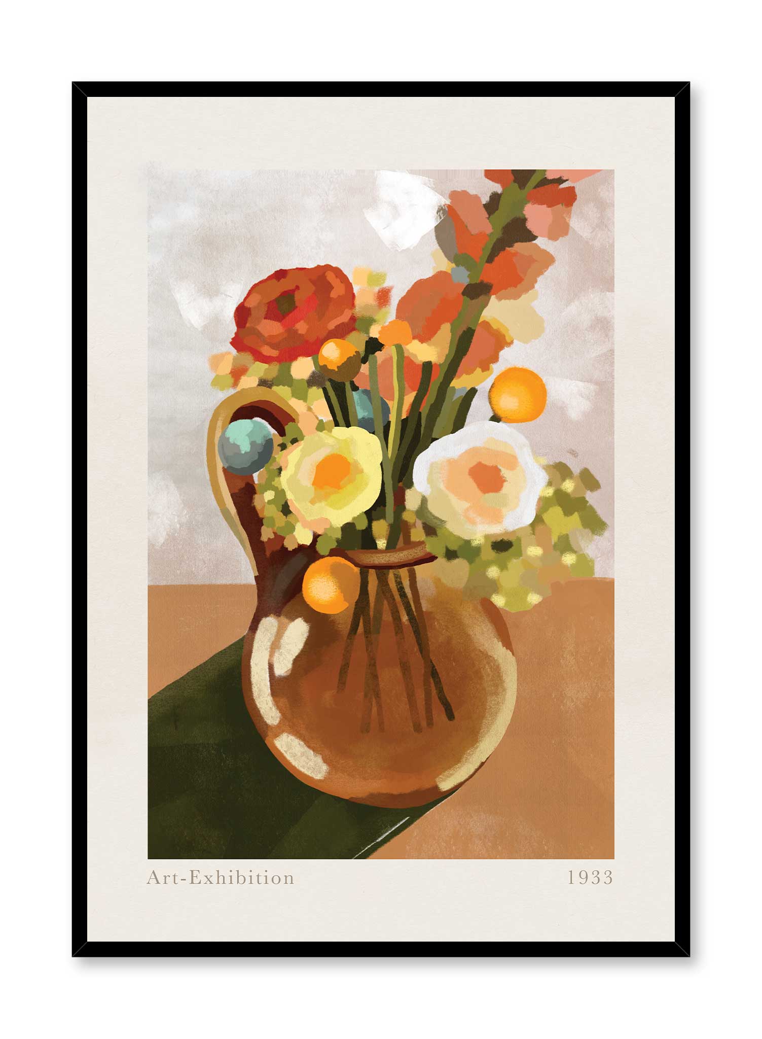 Flower Vase is an illustration of an arrangement of various colourful flowers in a see-through brown vase by Audrey Rivet in collaboration with Opposite Wall.