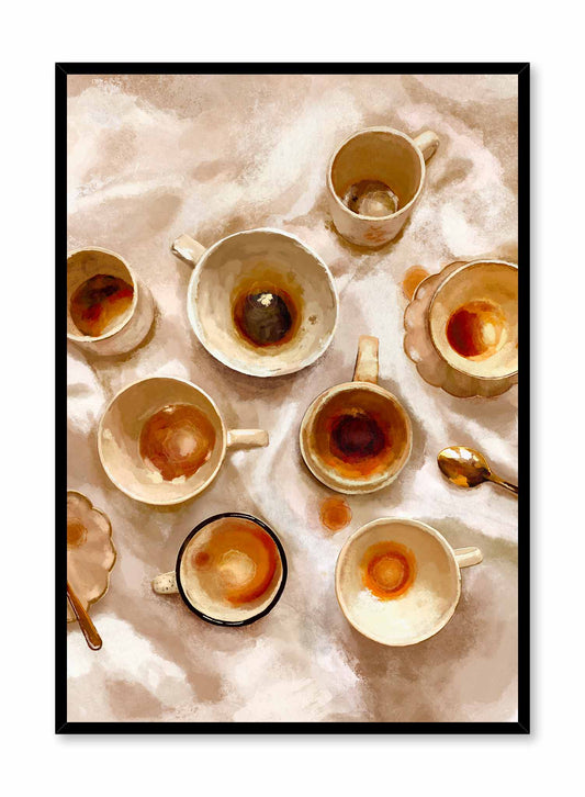 Coffee Break is an illustration of eight empty coffee cups of different styles and sizes with two spoons and two saucers by Audrey Rivet in collaboration with Opposite Wall.