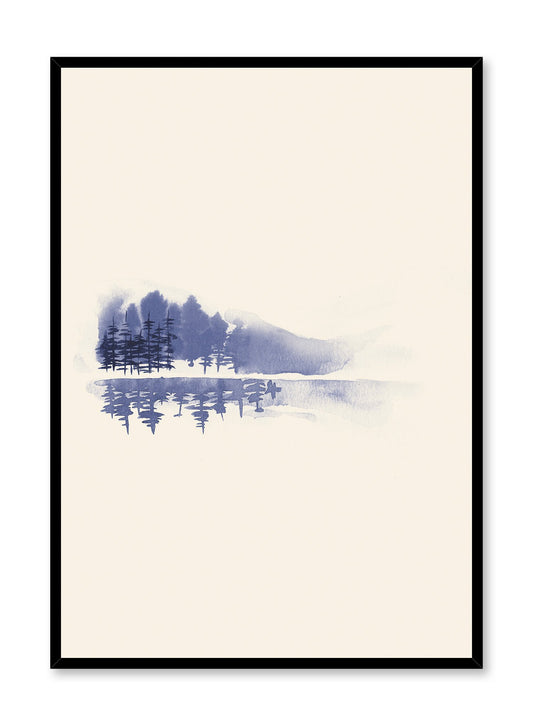Cottage View is a minimalist illustration of a foggy scenery overlooking the sea in front of a forest and mountains by Opposite Wall.