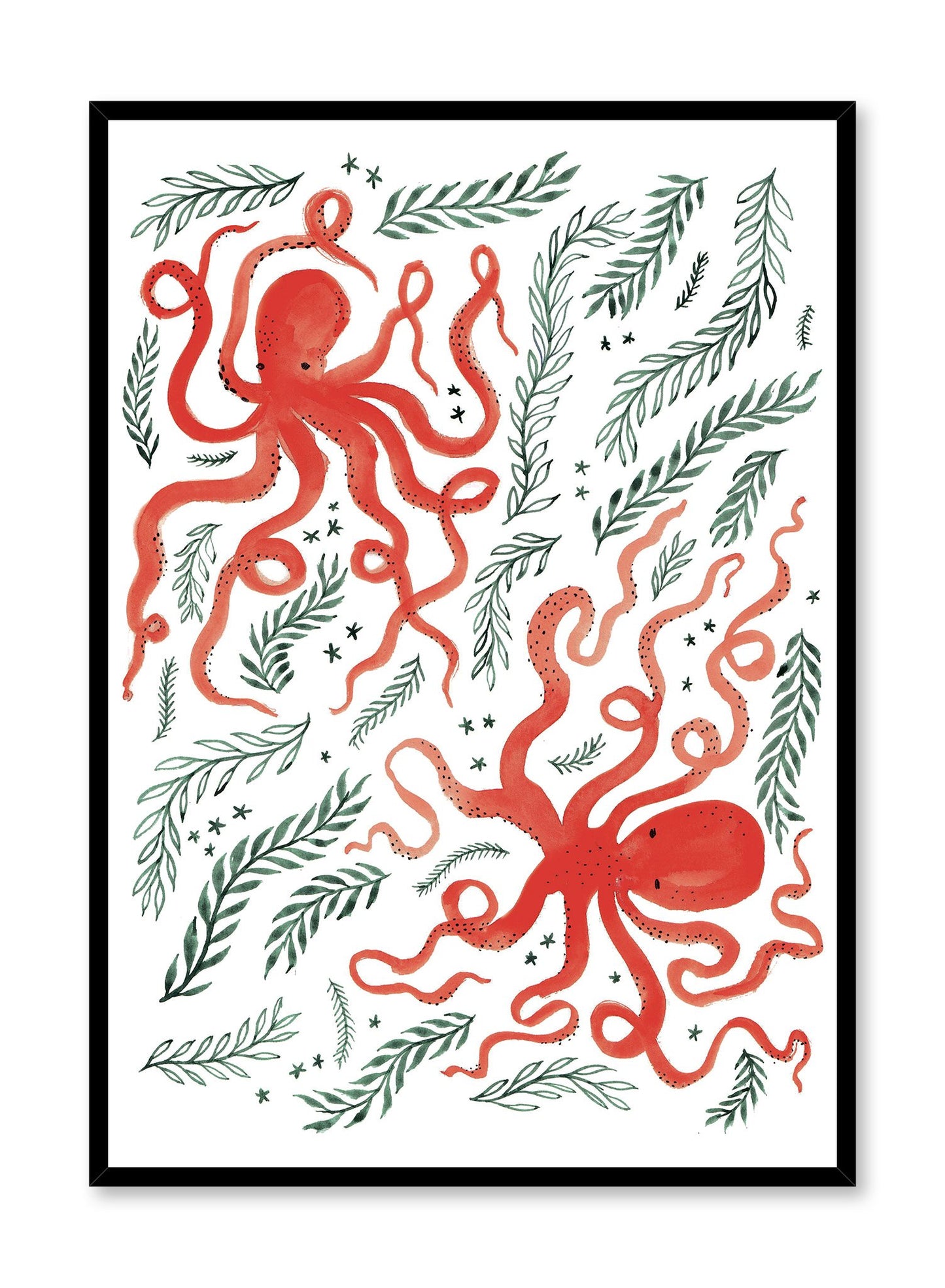 Octopus Duo is a minimalist illustration of two red octopus having a blast in the water while surrounded by seaweed by Opposite Wall.