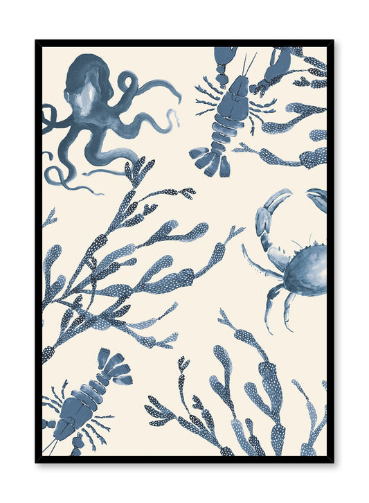 Cool Crustaceans is a minimalist illustration of an octopus, a crab, two lobsters and several dotted corals gathered together by Opposite Wall.
