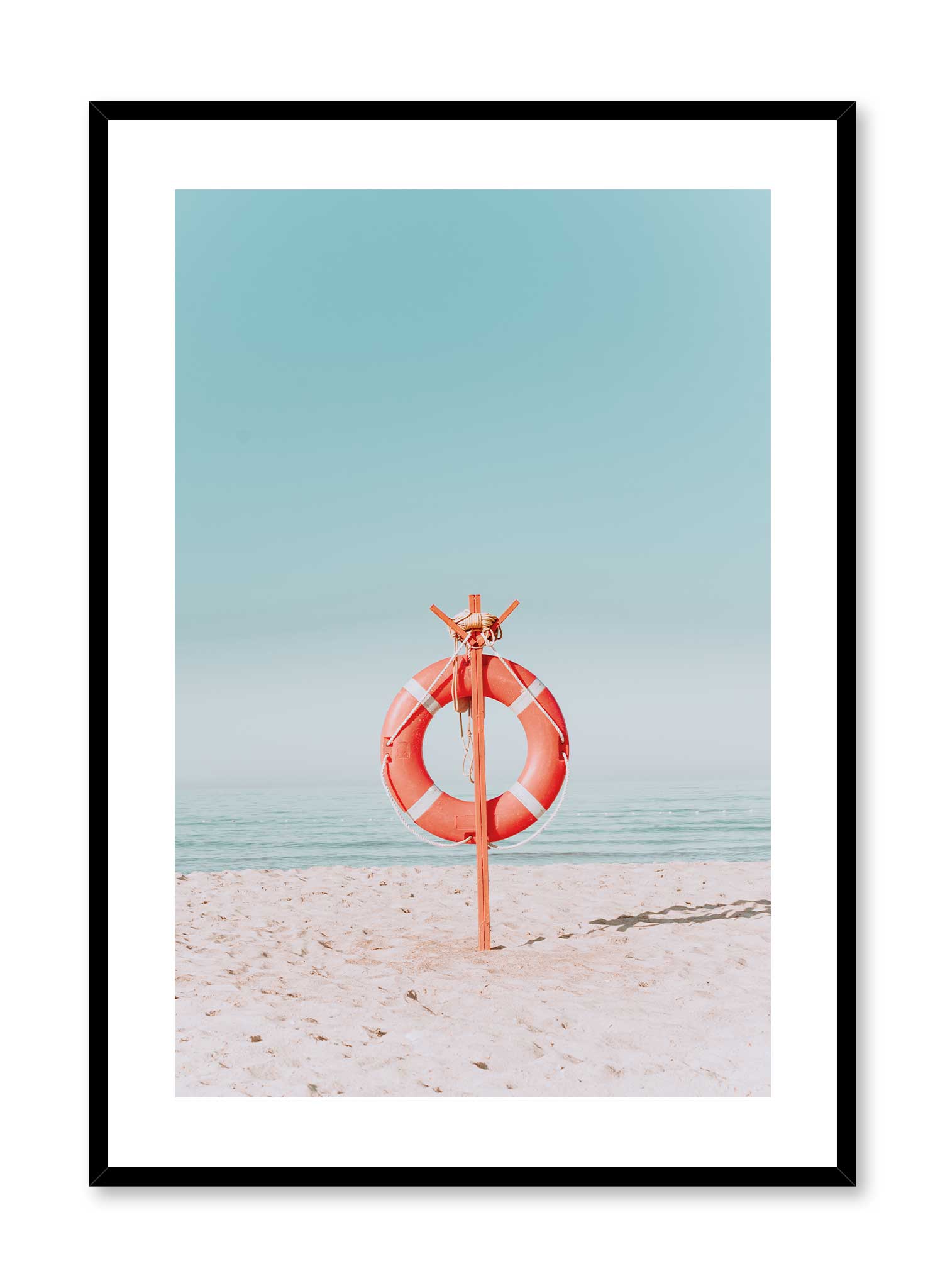 Baywatch is a minimalist photography of a bright orange life ring on a stand in the middle of the beach by Opposite Wall.