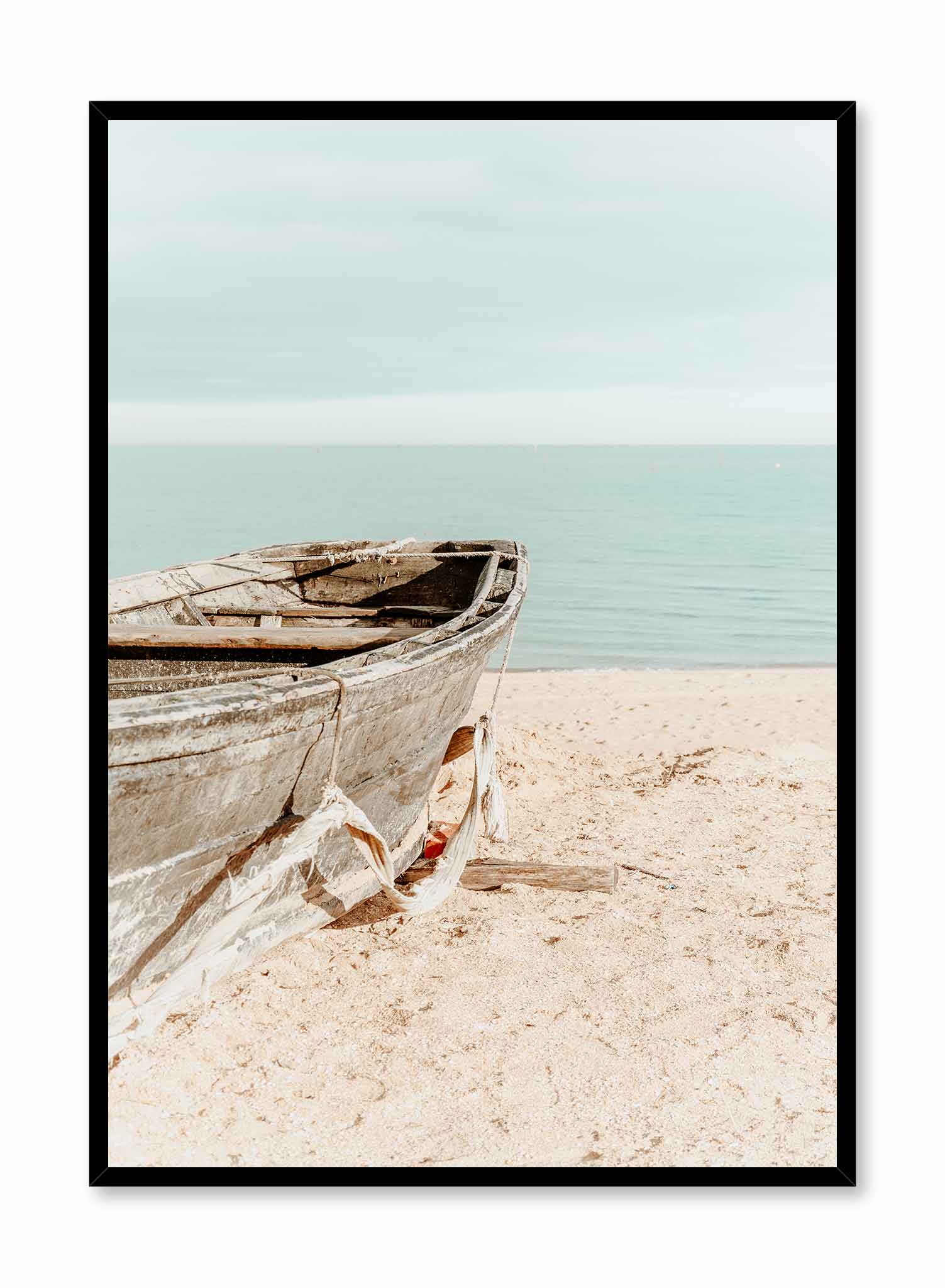 Fisherman's Friend is a minimalist photography of a worn-out traditional fisher boat on a sandy beach in bright sunlight by Opposite Wall.