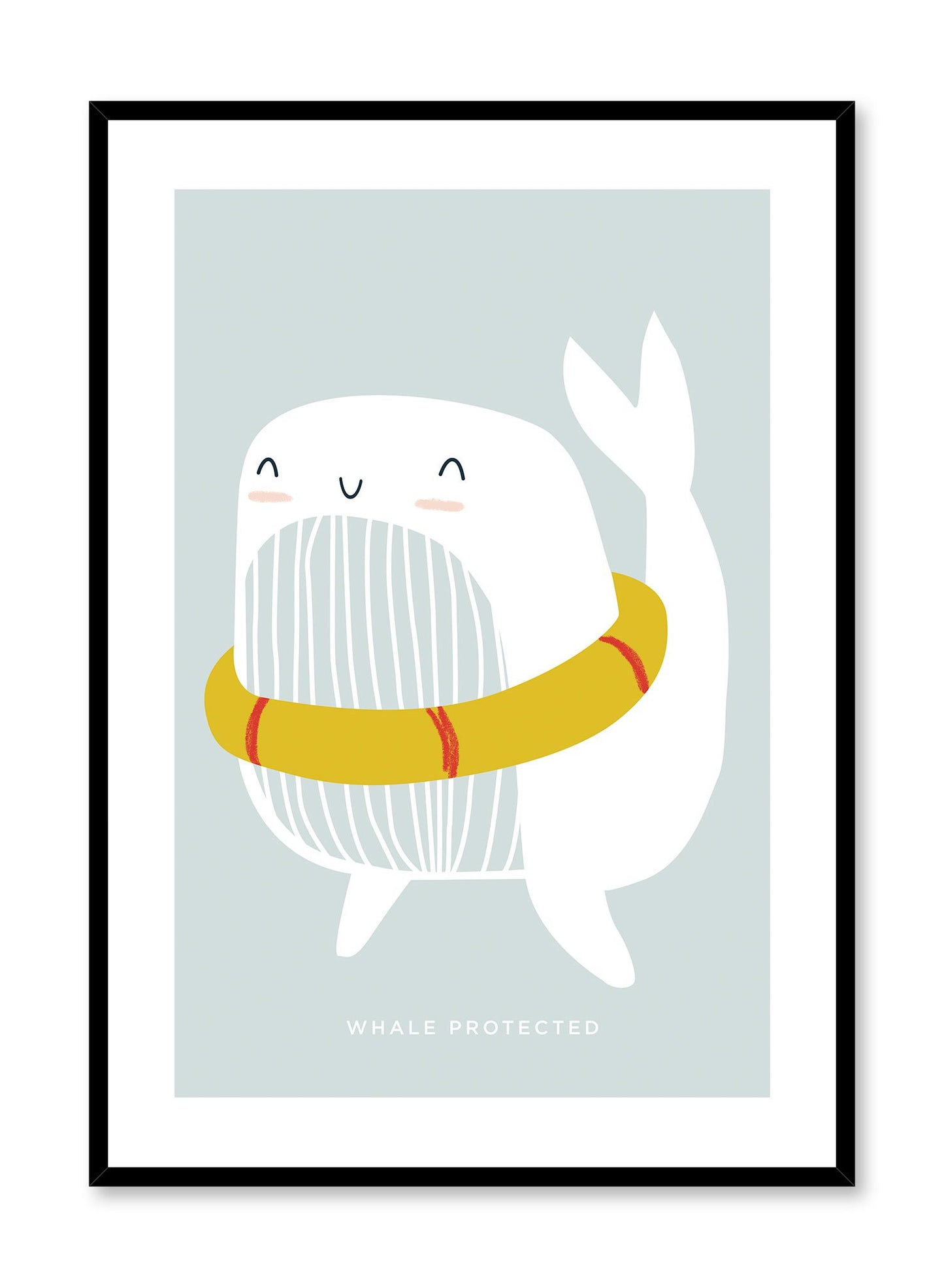 Whale Floatie is a minimalist illustration of a blushing white whale with a striped belly wearing a yellow floatie with red stripes by Opposite Wall.