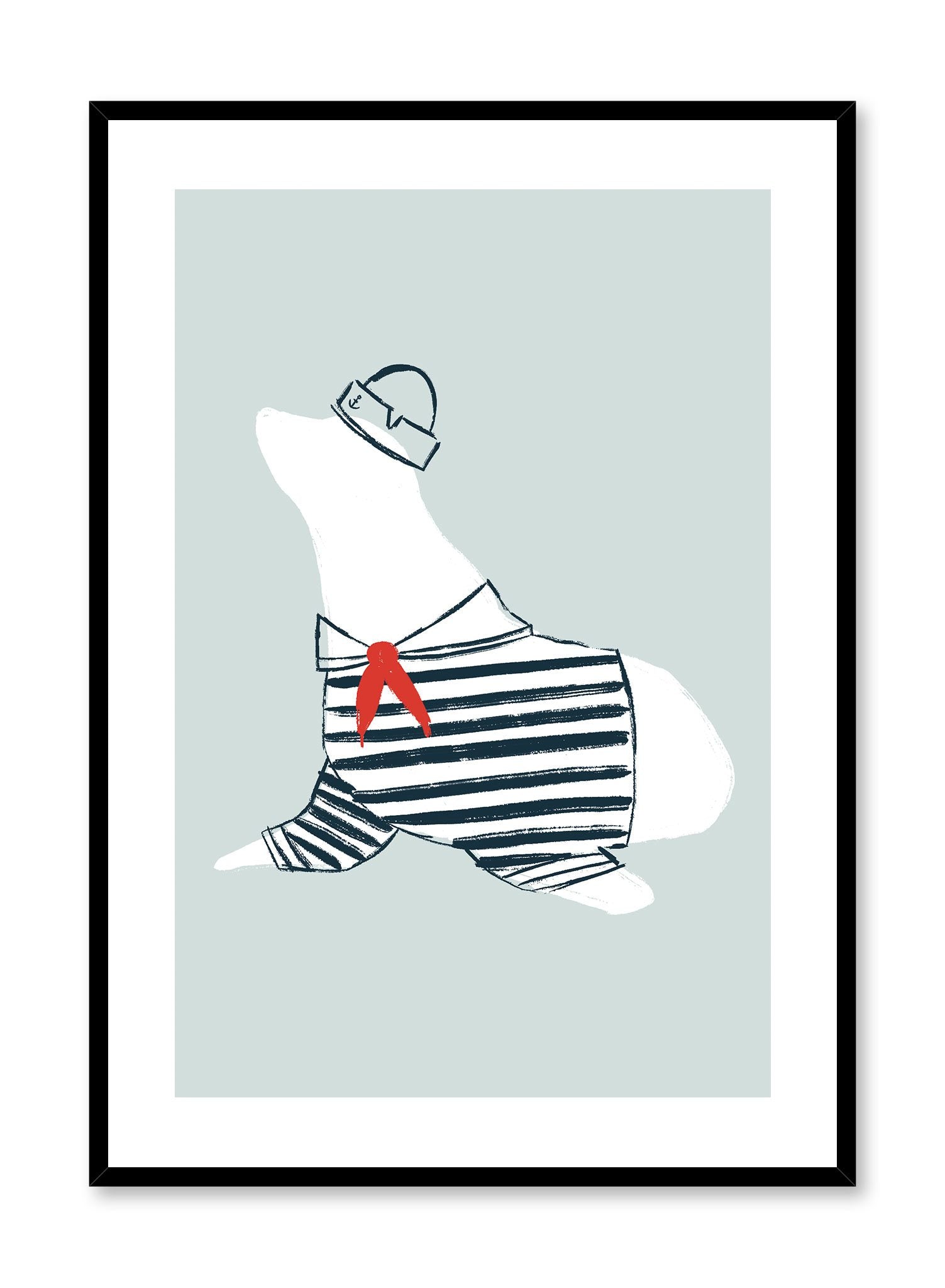 Seal Sailor is a minimalist illustration of white seal wearing a dark blue sailor outfit with a matching Dixie cup hat and a red scarf by Opposite Wall.