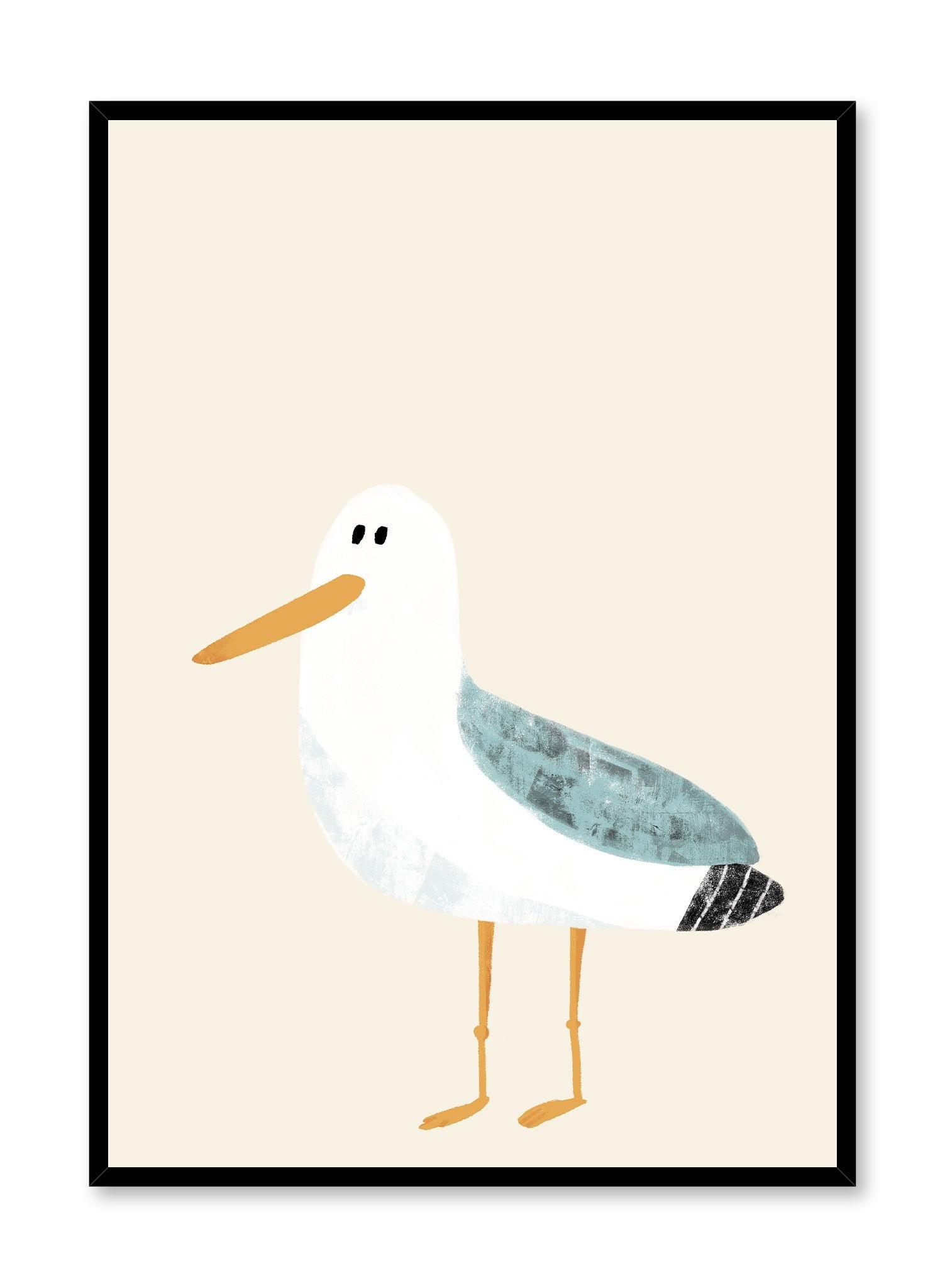 Sweet Seagull is a minimalist illustration of a white seagull with teal-coloured wings starring at the observer by Opposite Wall.
