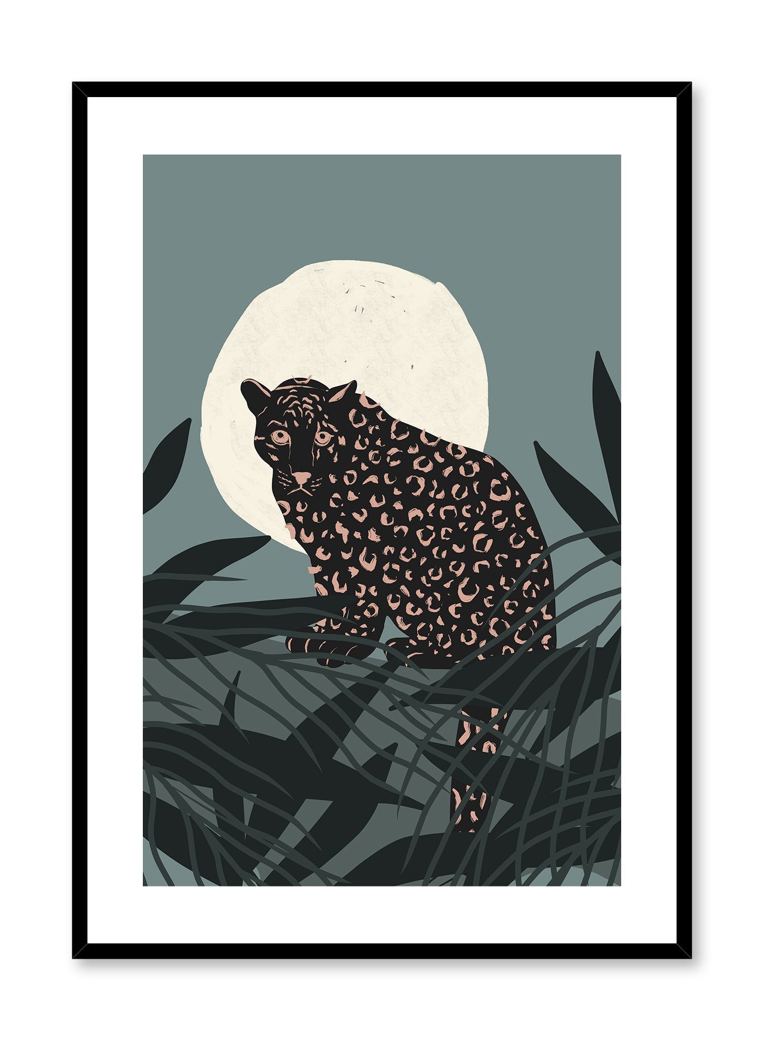 Cheetah in the Moonlight is a minimalist illustration of a fierce cheetah staring at the observer while standing in front of a full moon by Opposite Wall.