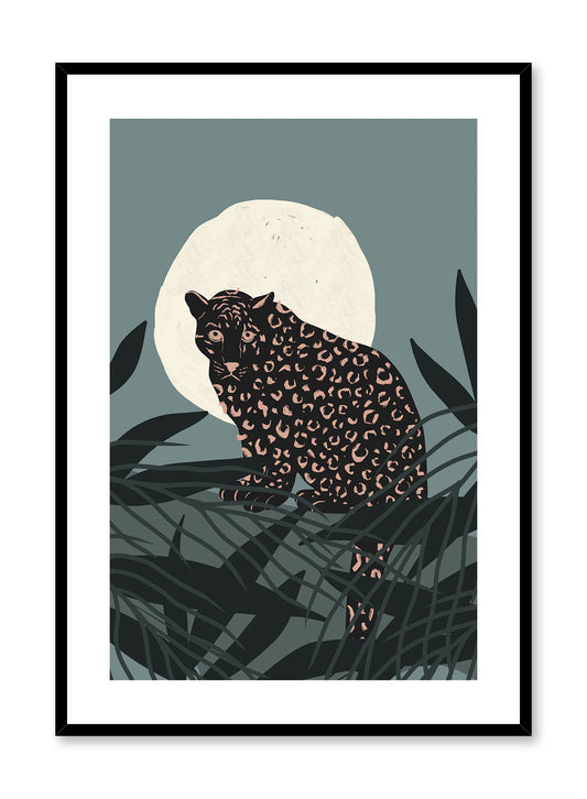 Cheetah in the Moonlight is a minimalist illustration of a fierce cheetah staring at the observer while standing in front of a full moon by Opposite Wall.