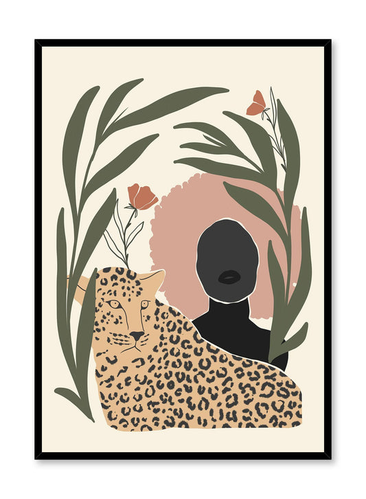 Fierce is a minimalist illustration of the ultimate fearless duo; a woman and a cheetah, surrounded by flowers and plants by Opposite Wall.