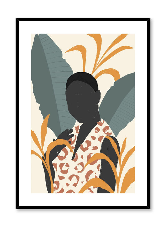 Abiona is a minimalist illustration of a woman wearing a cheetah print shirt posing by the rainforest nature by Opposite Wall.