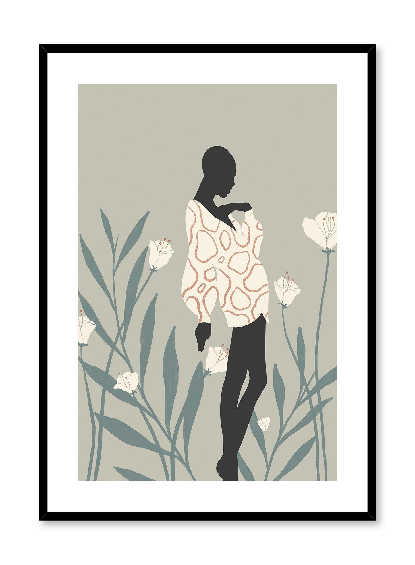 Mudiwa is a minimalist illustration of a beautiful woman wearing a white dress blending in with the white tall flowers in the background by Opposite Wall.