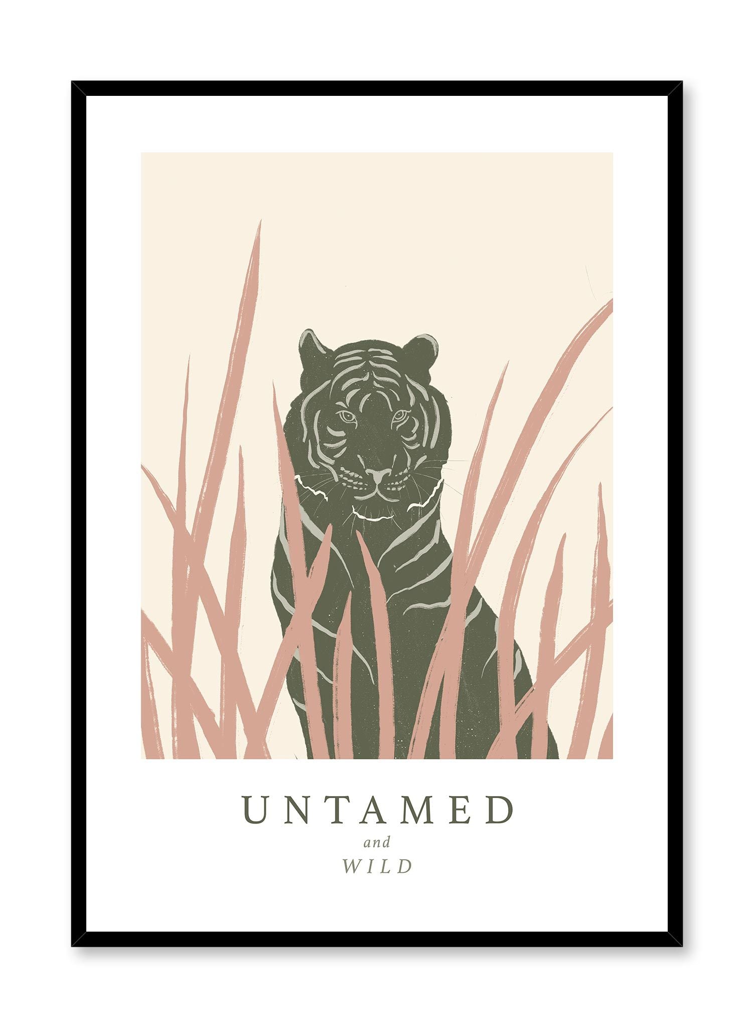 Freedom Cat is a minimalist illustration if a dark green tiger ready to pounce through the pink grass in front of it with the words "Untamed and Wild" at the bottom by Opposite Wall.