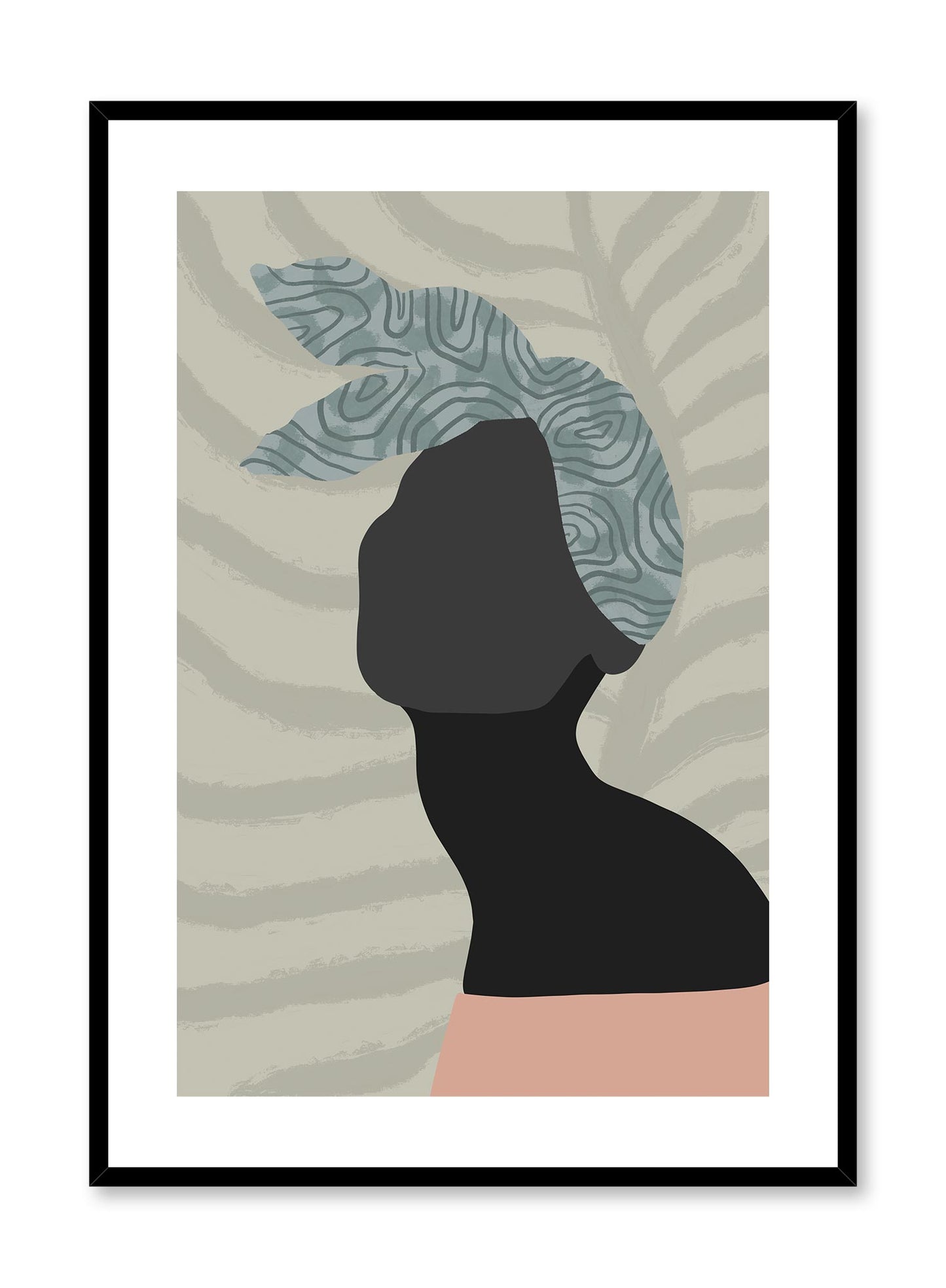 Headwrap Queen is a minimalist illustration of a beautiful woman wearing a blue headwrap and a pink off shoulder top by Opposite Wall.