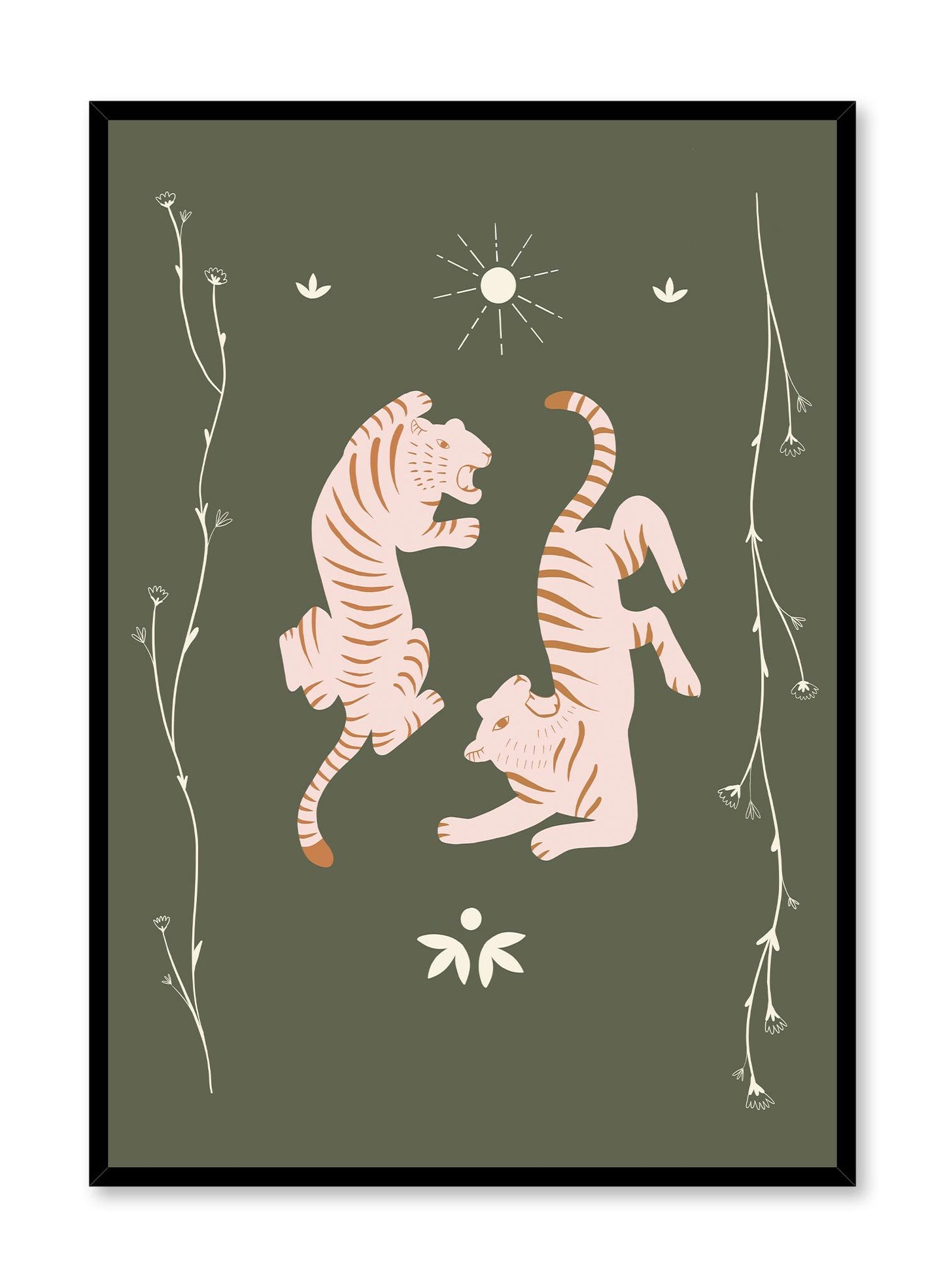 Tiger Team is a minimalist illustration of a pair of pink tiger twins with orange stripes standing in opposite direction roaring to show their dominance by Opposite Wall.