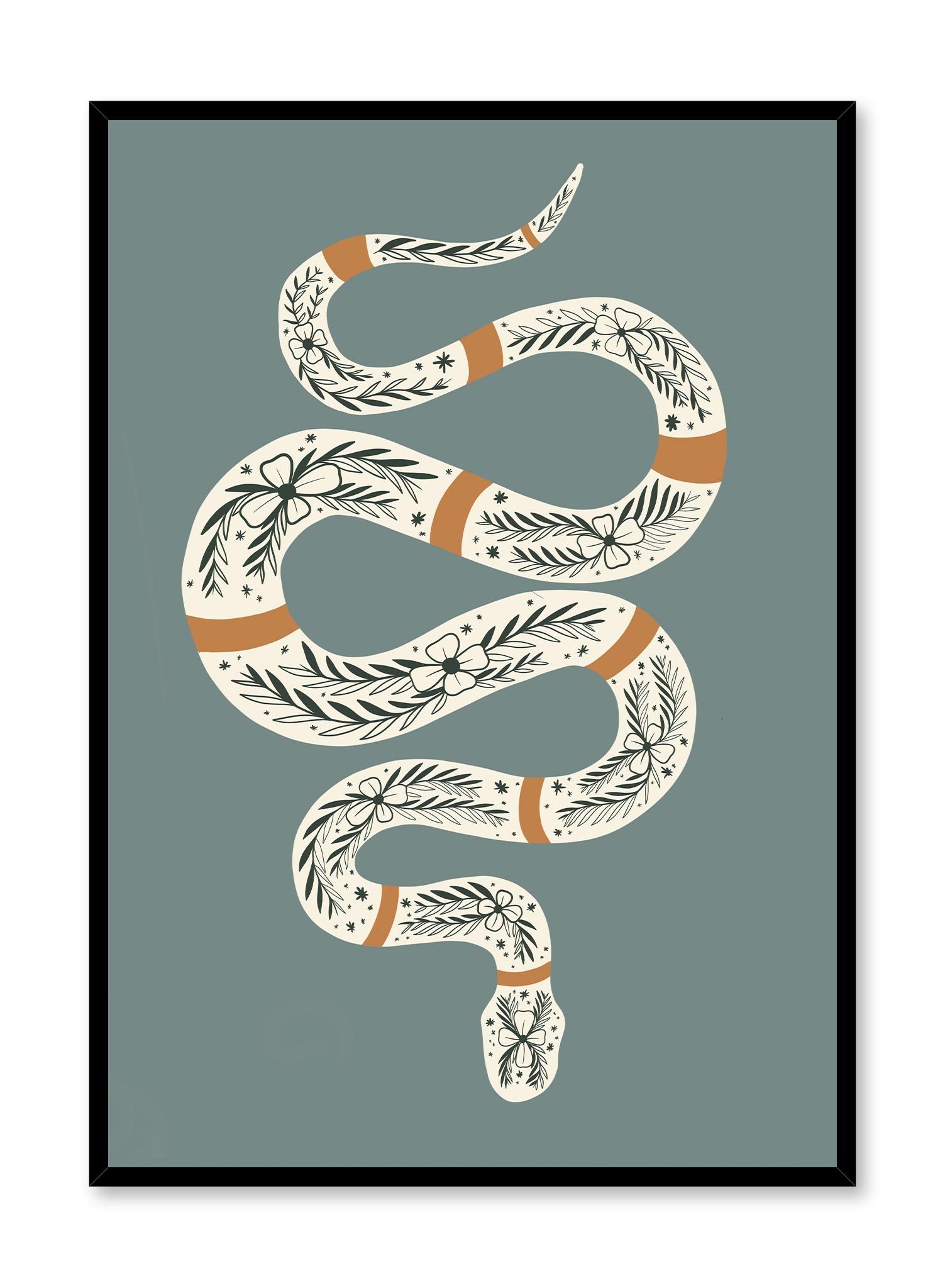 Ornate Snake is a minimalist illustration the top view of a snake with orange stripes and a unique pattern of flowers on its back by Opposite Wall.