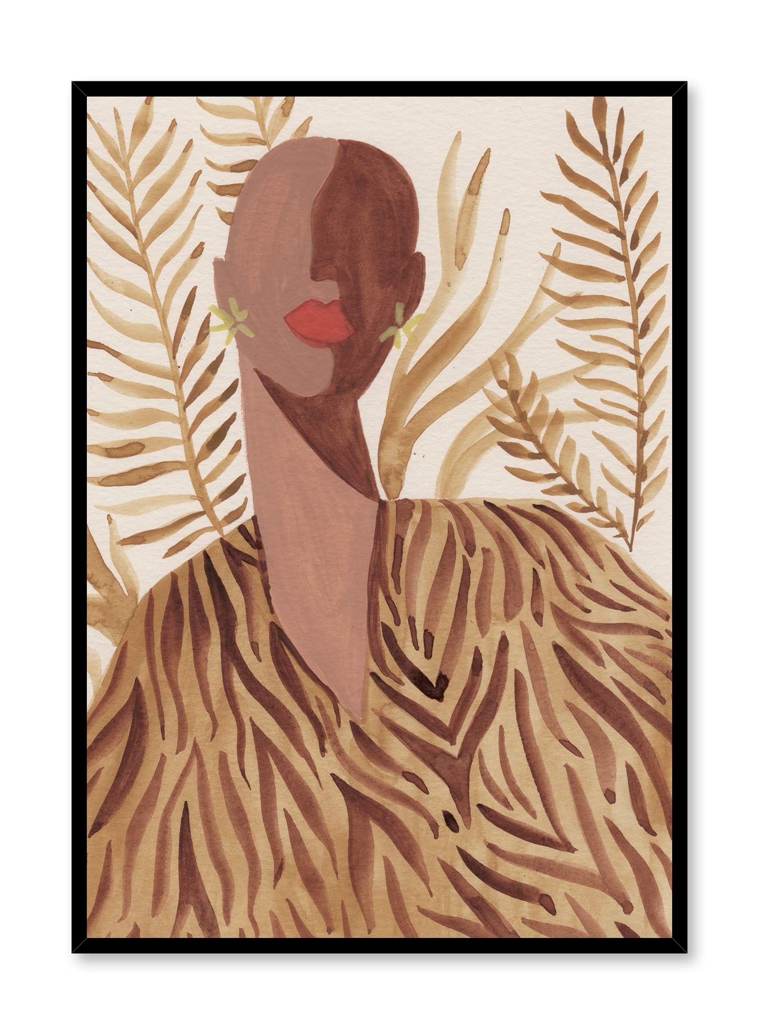 Sharifa is a minimalist illustration of a confident woman rocking her animal print outfit with parlor palm leaves as decor by Opposite Wall.