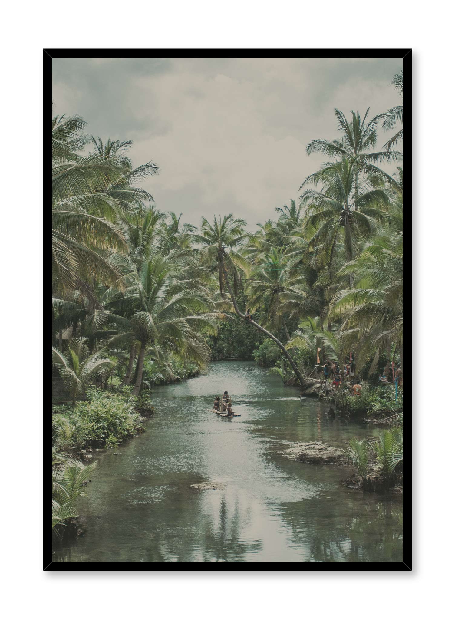 Jungle Cruise is a minimalist photography of a small wood boat travelling through a calm river in the jungle by Opposite Wall.