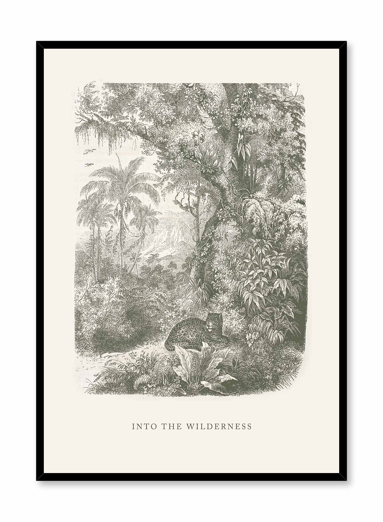 Antique Jungle is a minimalist of a cheetah resting under the shadow of the jungle's tall trees by Opposite Wall.