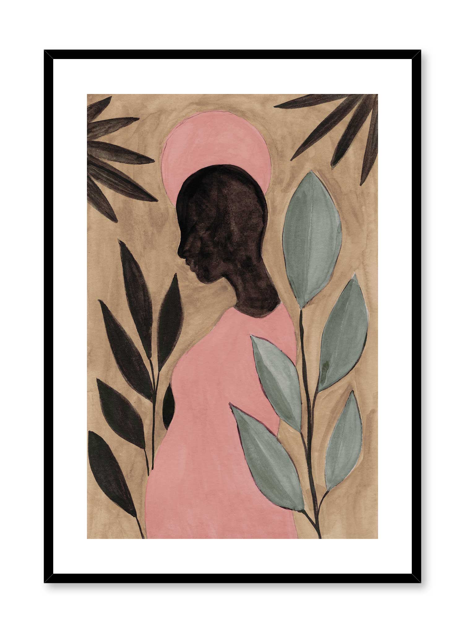 Ala is a minimalist illustration of a woman wearing a pink dress where her baby bump can be seen as she stands in the jungle by Opposite Wall.