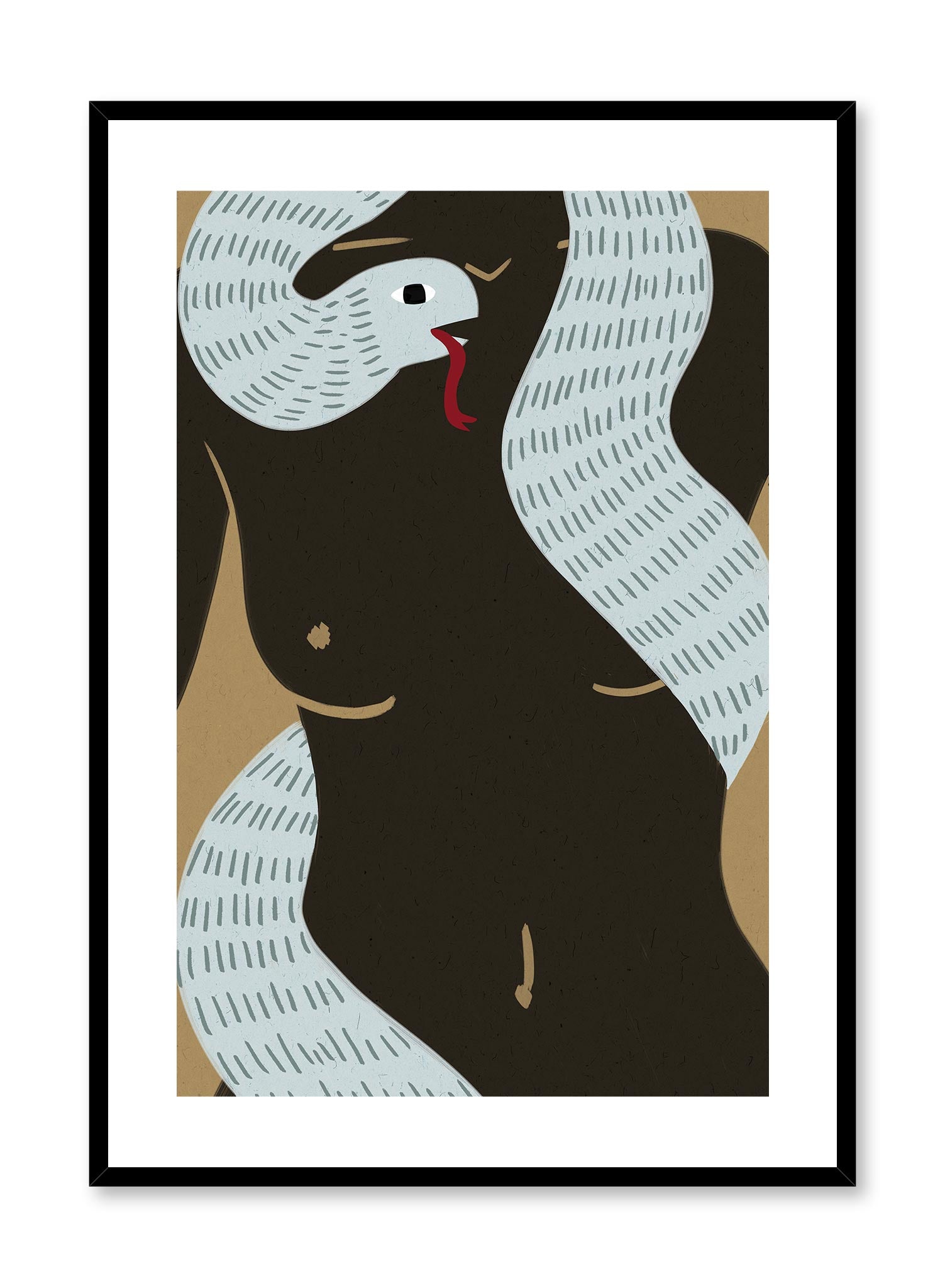 Temptation is a minimalist illustration of a light blue striped snaked wrapped around a naked woman's body by Opposite Wall.