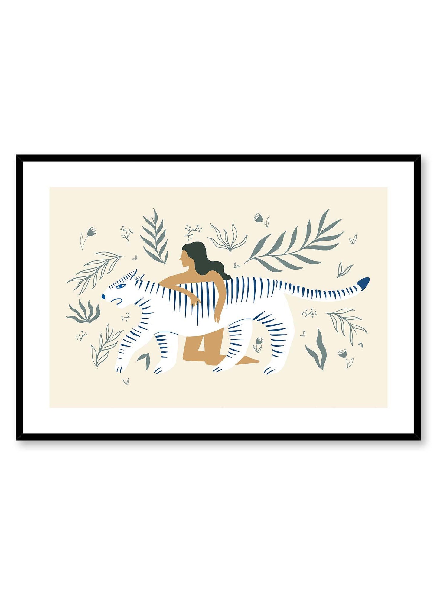 Power Alliance is a minimalist illustration of a woman kneeling while embracing a white striped tiger with a plant-filled background by Opposite Wall.