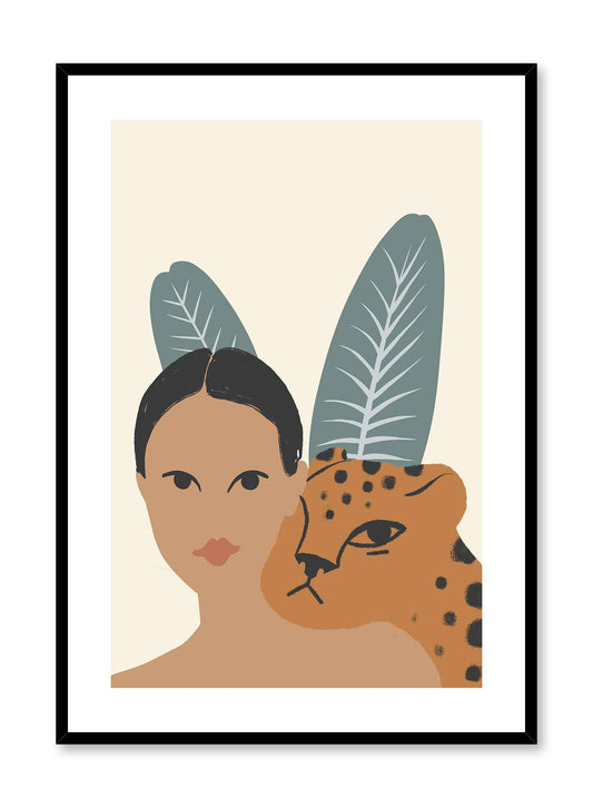 Protected is a minimalist illustration of an orange cheetah resting its chin on the shoulder of a woman with banana leaves in the background by Opposite Wall.