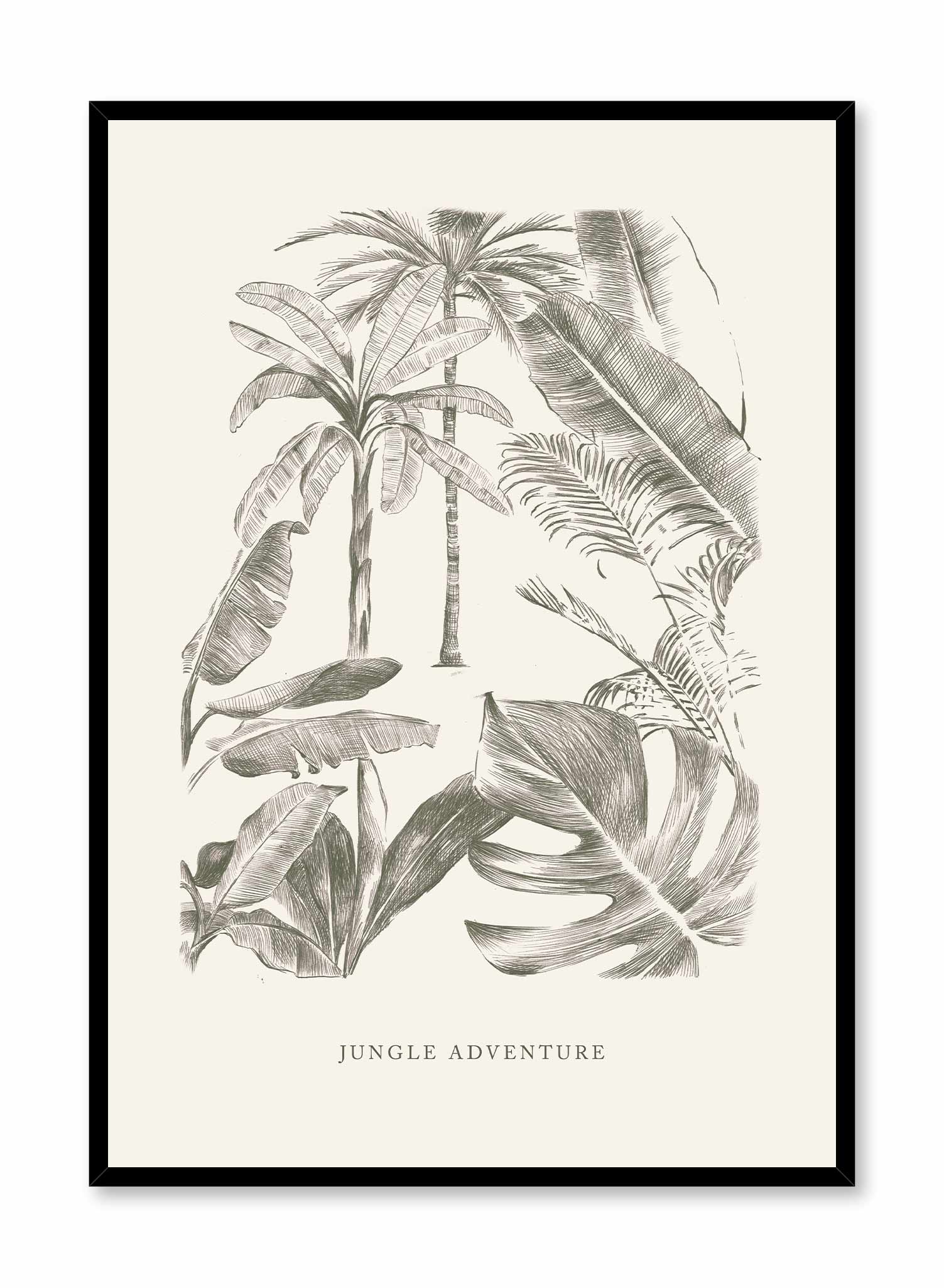 Jungle Adventure is a minimalist illustration of a collection of plants inviting the observer into the jungle accompanied with the words "Jungle Adventure" at the bottom by Opposite Wall.