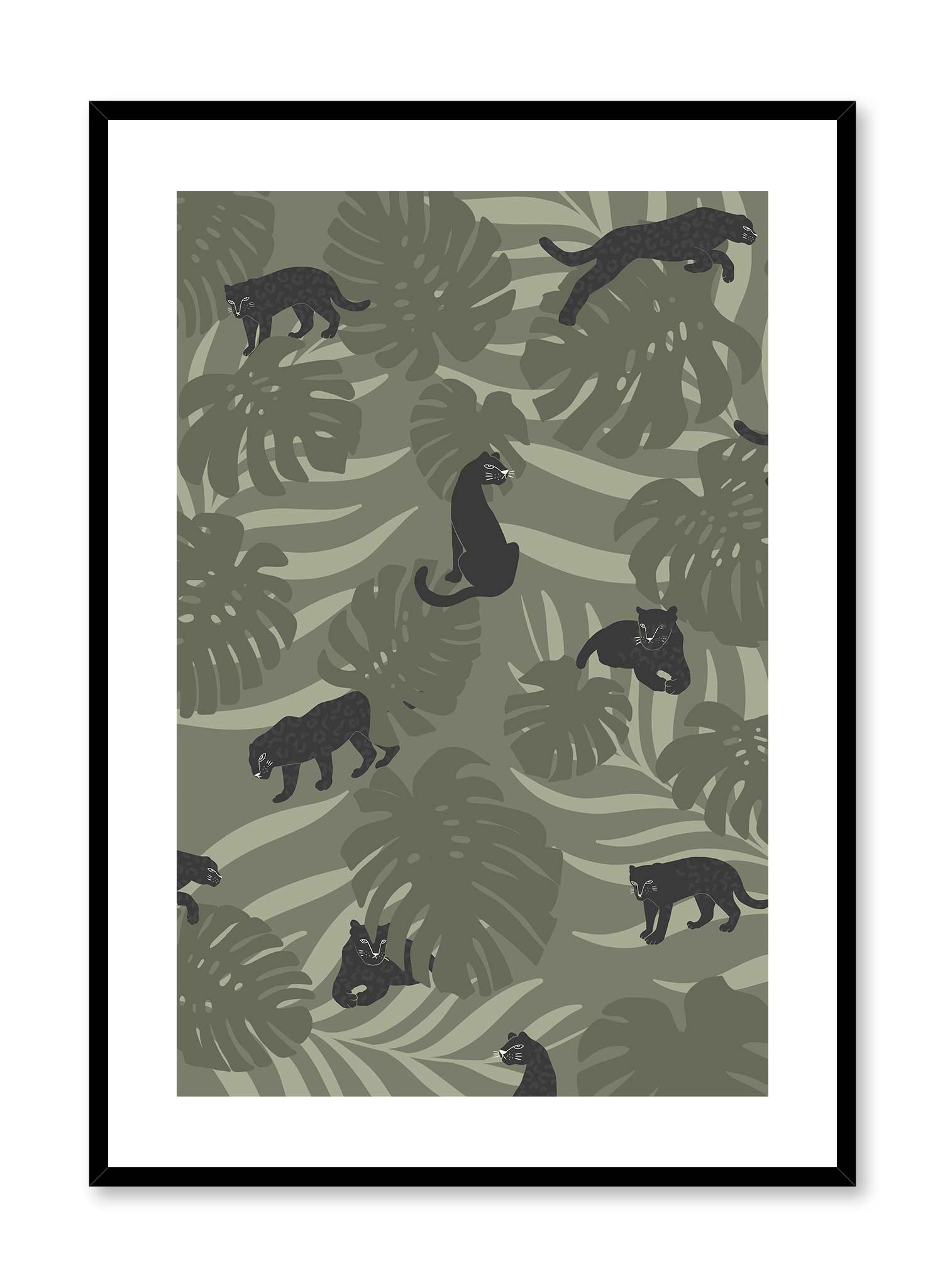 Panther Clan is a minimalist illustration of many black panthers resting or running on a green monstera and leaves background by Opposite Wall.