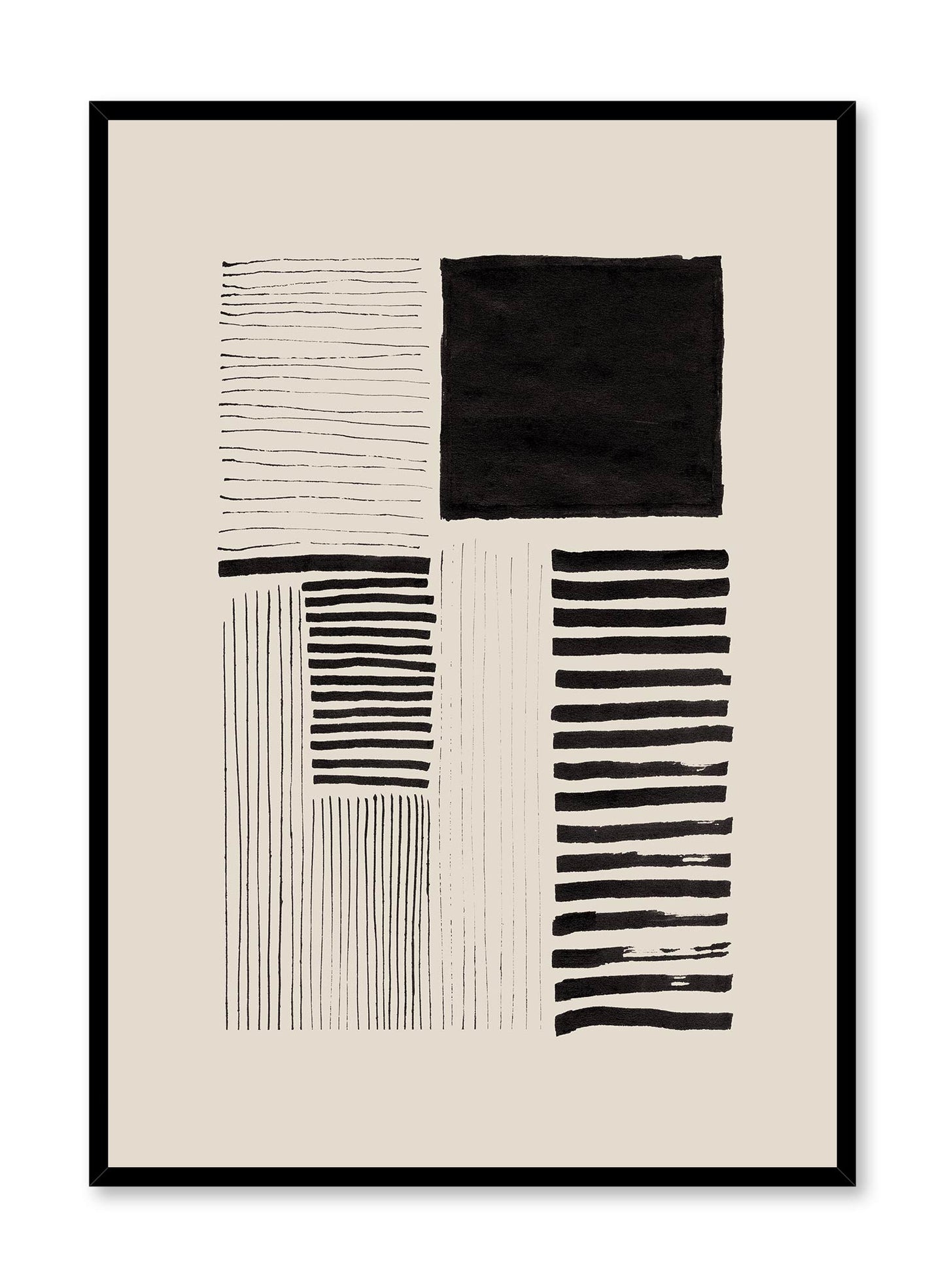 Between the Lines is a minimalist abstract illustration of black striped lines of different thickness and a black square by Opposite Wall.