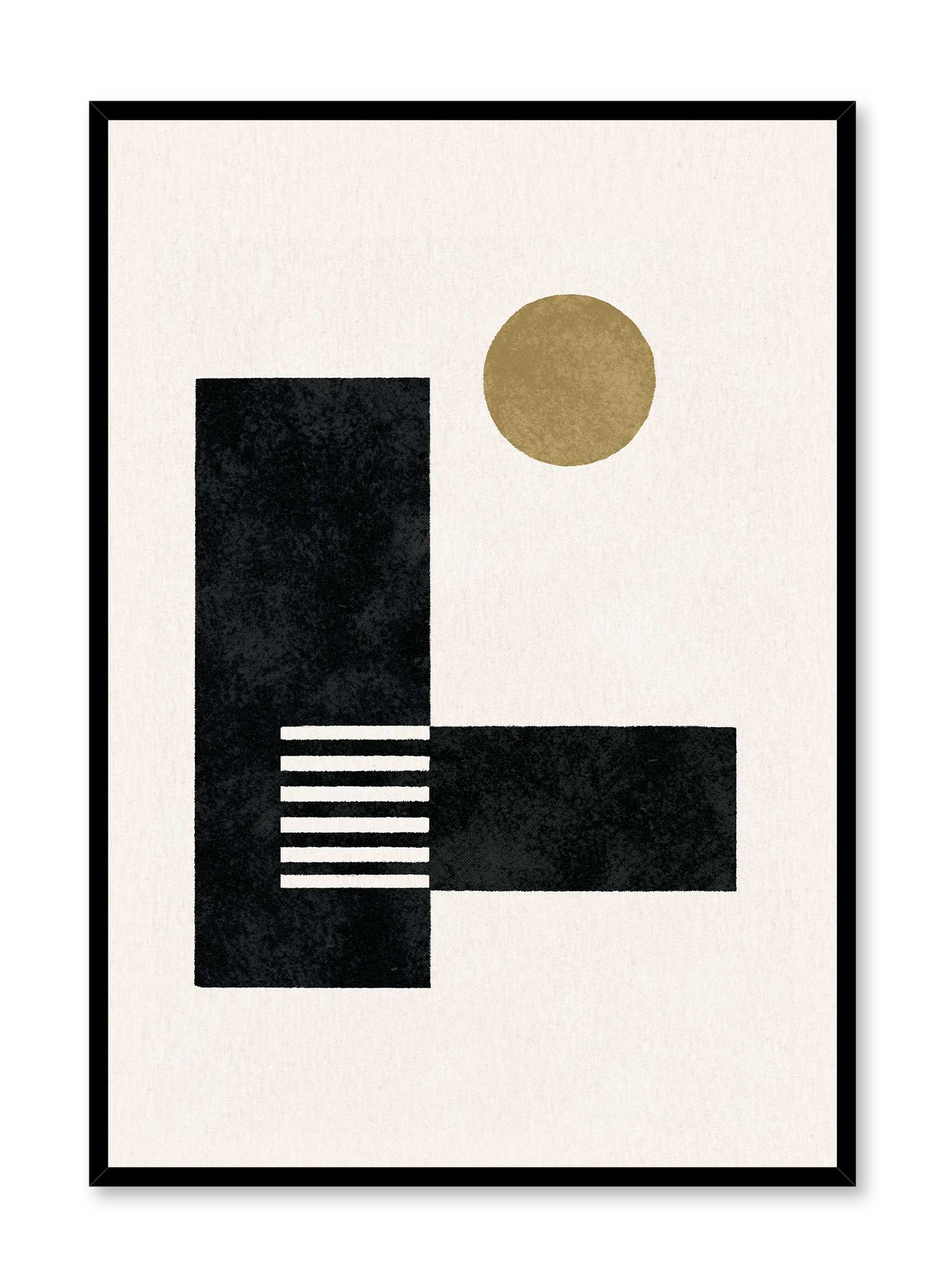 Noon is a minimalist abstract illustration of two black rectangles and a brown circle resembling a house and the sun by Opposite Wall.