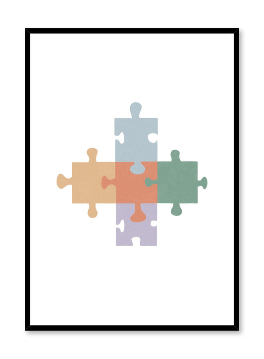 Happy Puzzle is a minimalist illustration by Opposite Wall of five pieces of a puzzle fitting together perfectly.