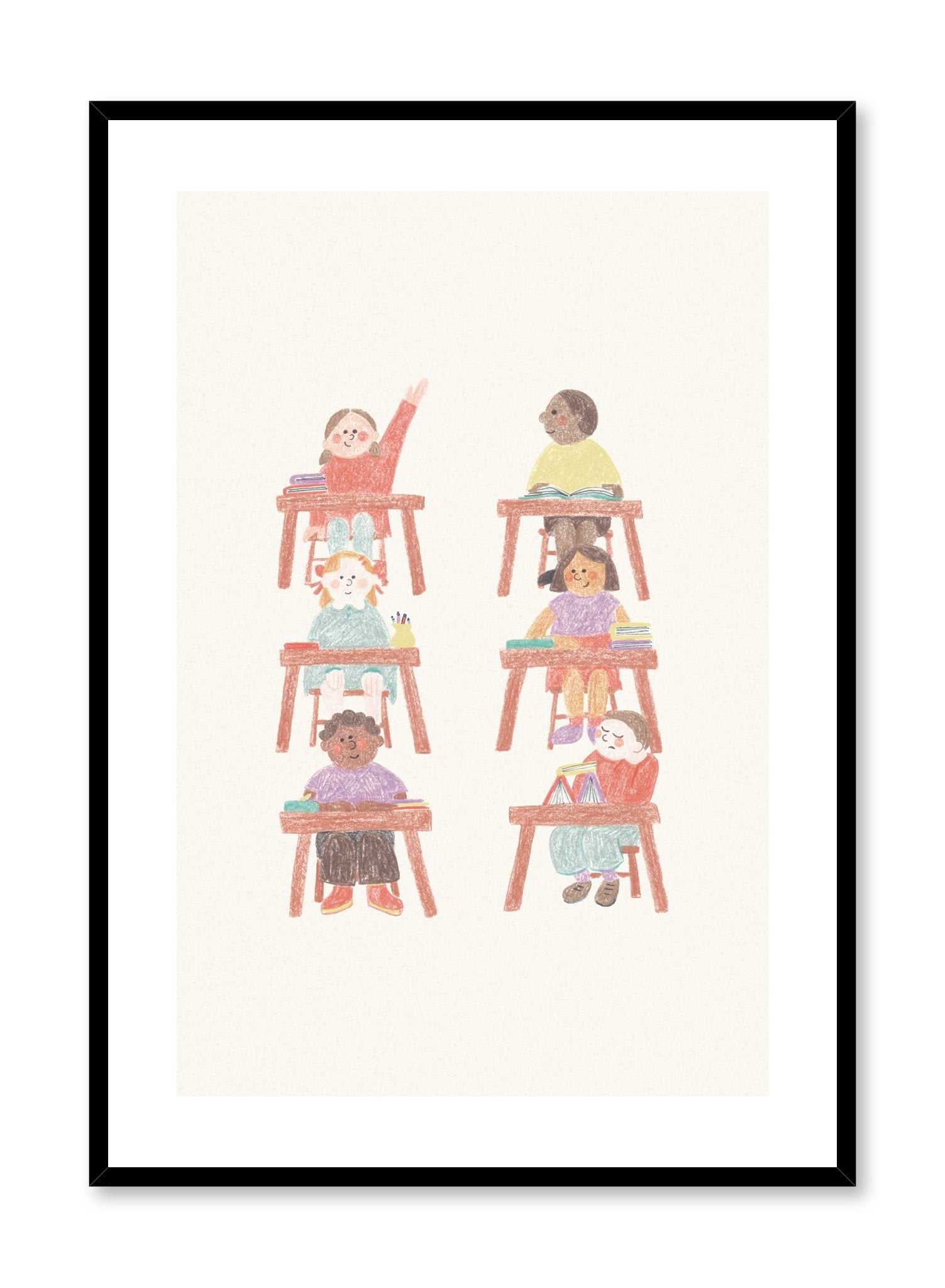 The Classroom is a minimalist illustration by Opposite Wall of six different style of students sitting at their desks.