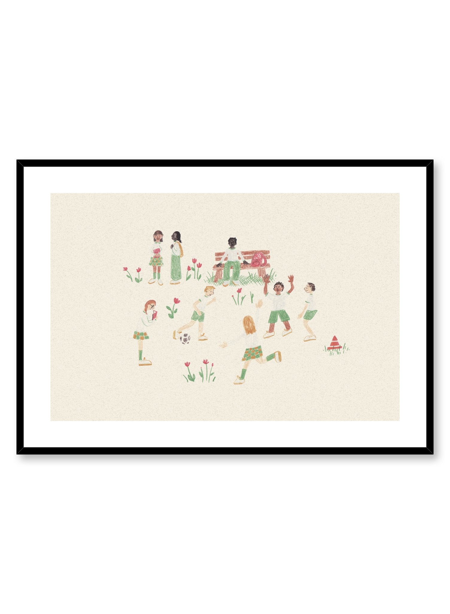 Recess is a minimalist illustration by Opposite Wall of students in school uniforms playing outside during recess.