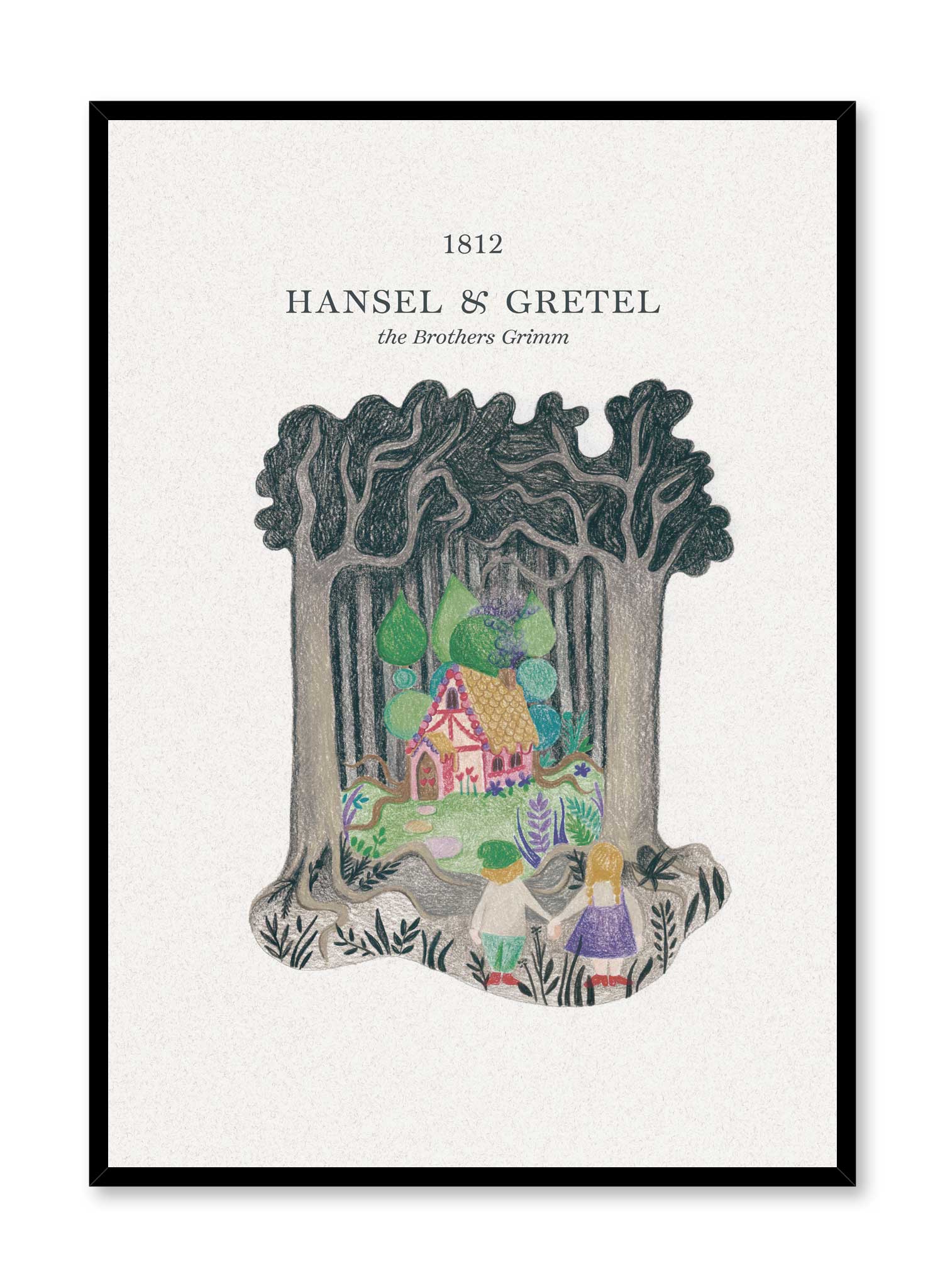 Hansel & Gretel is a minimalist illustration by Opposite Wall of the Brothers Grimm's Hansel & Gretel walking towards that tempting candy house.