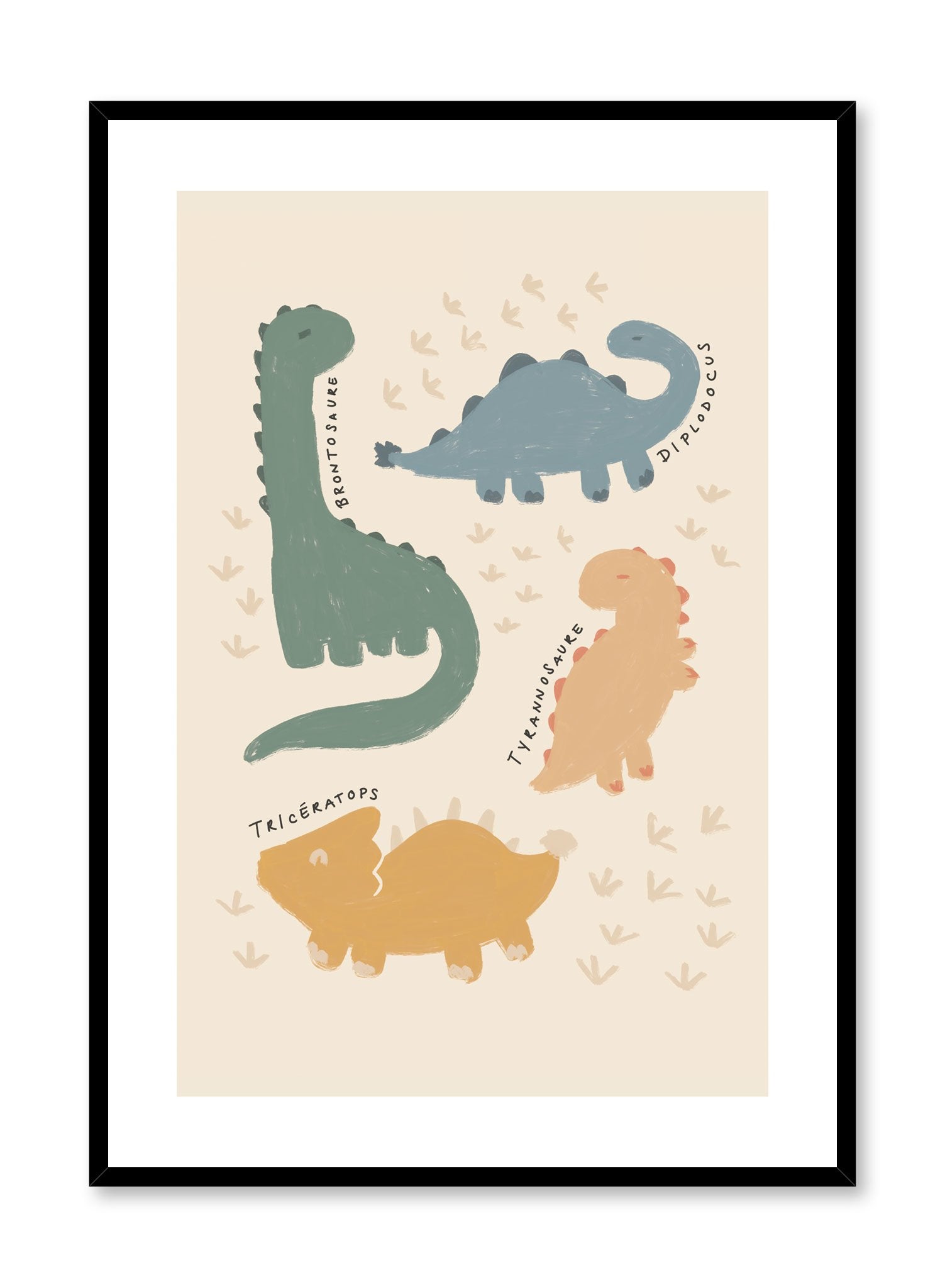 Dinos that I Know in French is a minimalist illustration by Opposite Wall of four different types of dinosaurs and their names next to it.