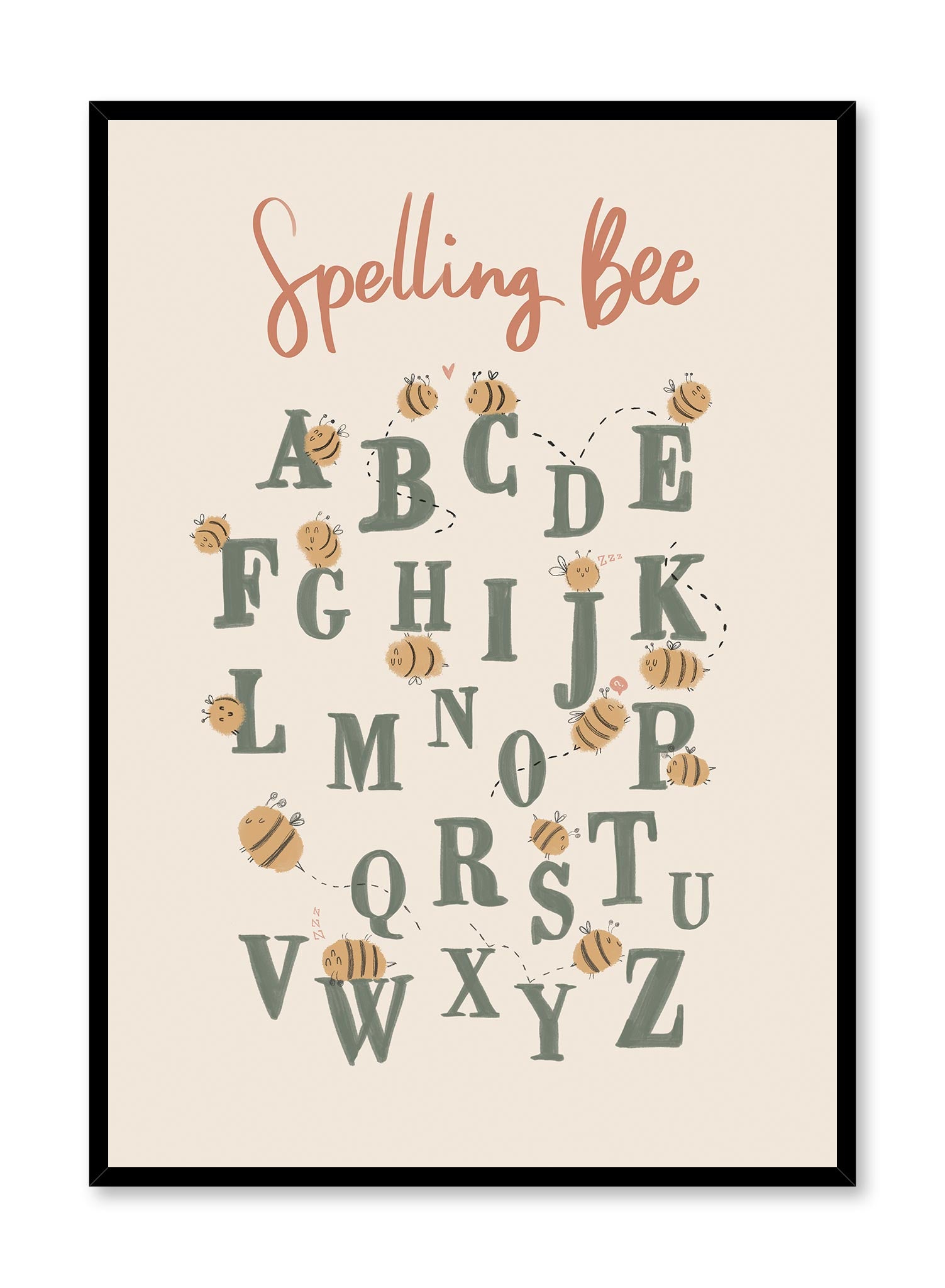 Spelling Bee is a minimalist typography by Opposite Wall of each letter of the alphabet where bees are hovering over different letters.
