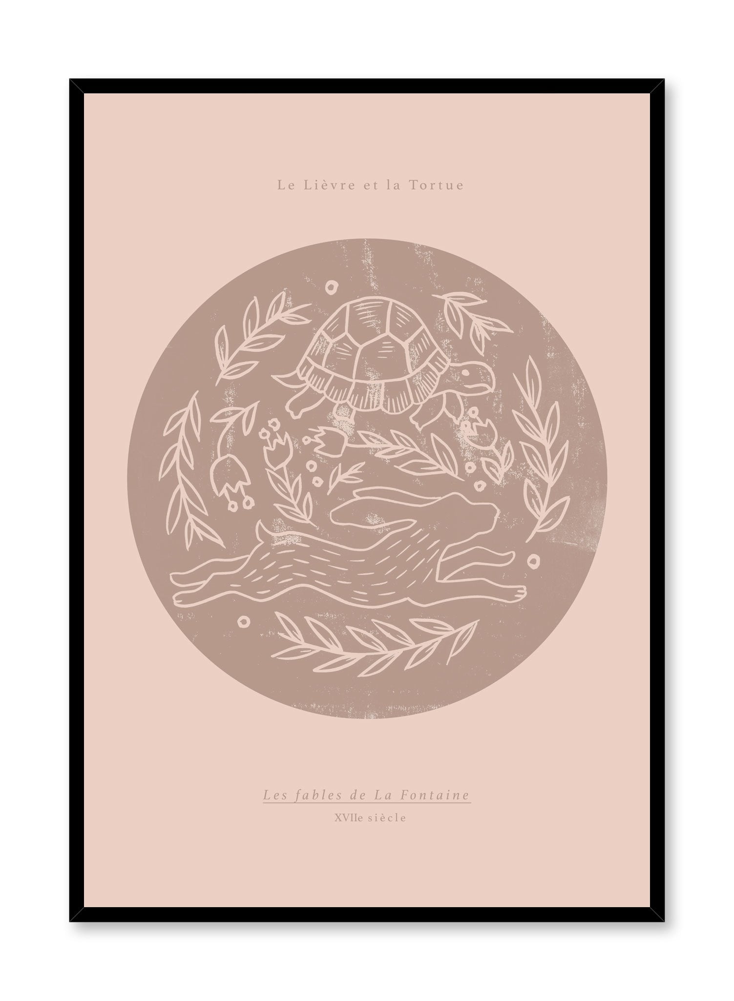 The Hare & the Tortoise is a minimalist illustration by Opposite Wall of La Fontaine's The Hare & the Tortoise where both animals are racing against each other.