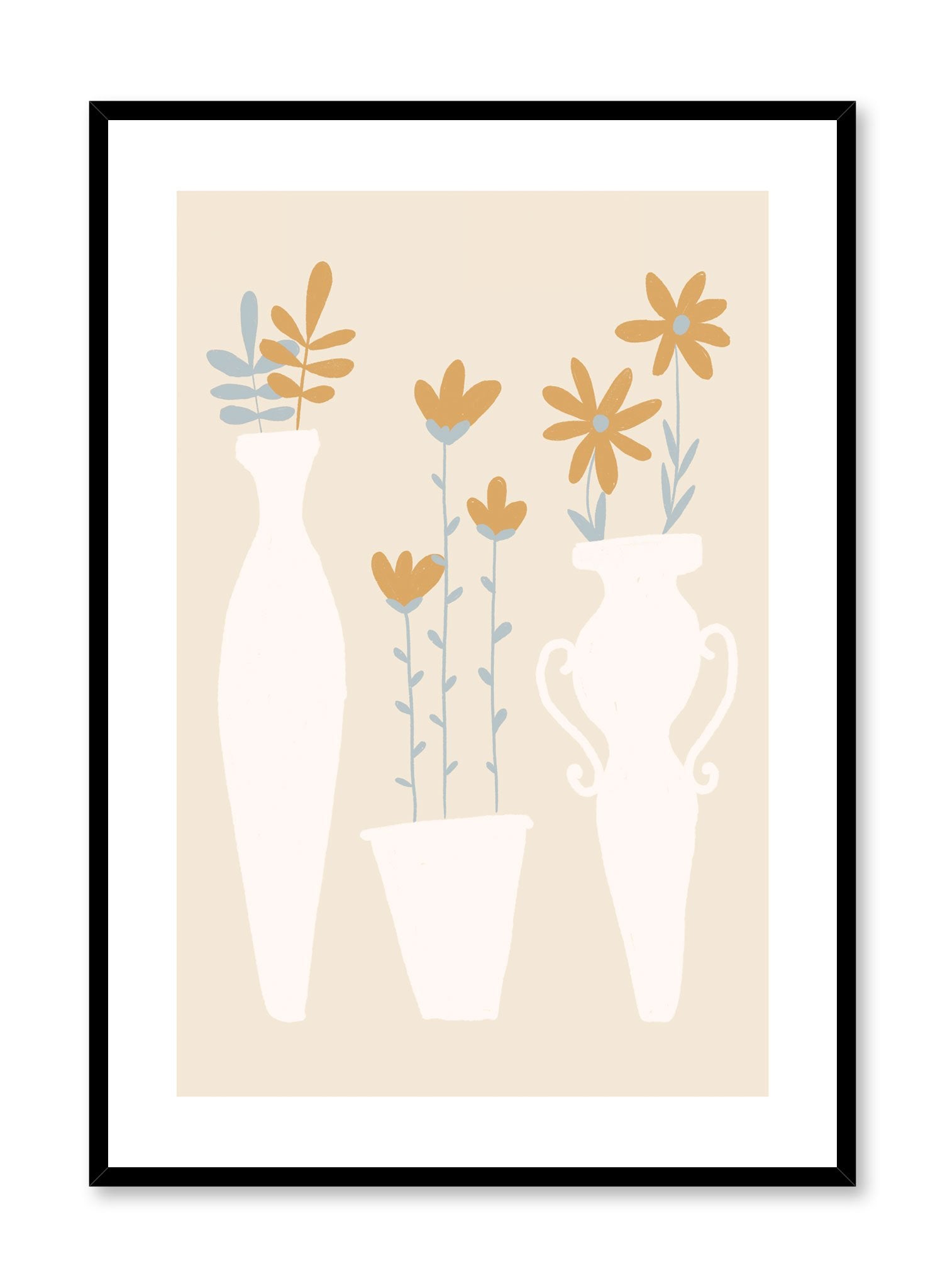 Freshly Picked is a minimalist illustration by Opposite Wall of three pots of orange flowers in fancy vases.
