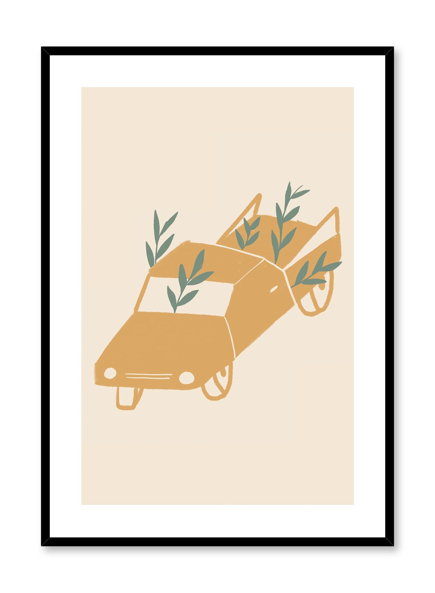 Grandpa’s Truck is a minimalist illustration by Opposite Wall of an orange truck covered with green leaves of plants.