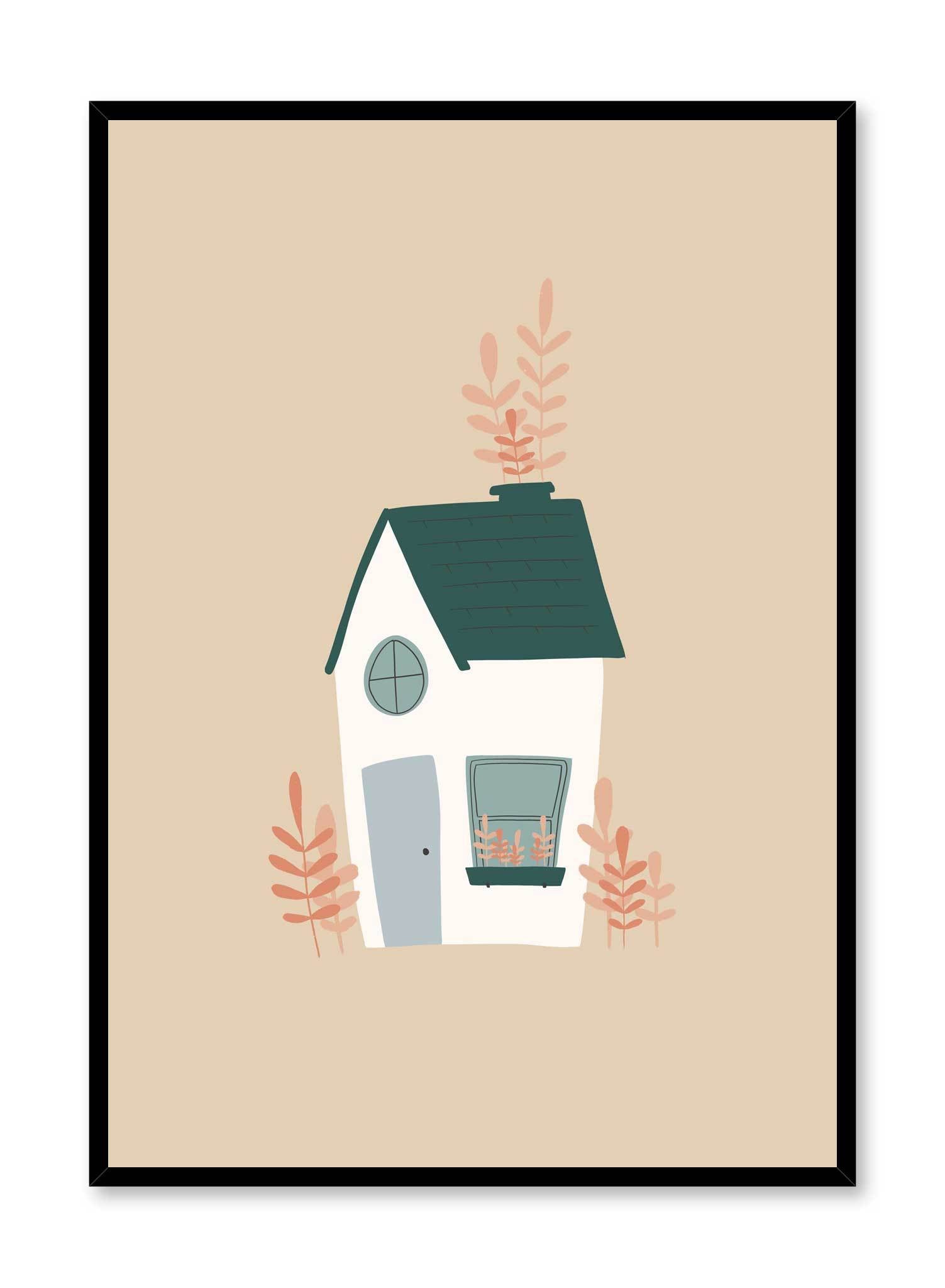 Mama, I’m Home! is a minimalist illustration by Opposite Wall of a single white house with a green roof in plain nature.