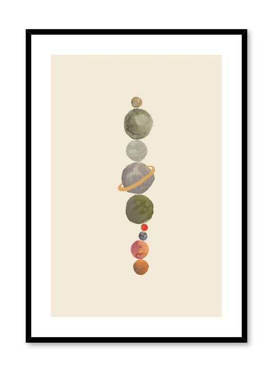 Stacked Planets is a minimalist illustration by Opposite Wall of the nine planets of the solar system stacked in a vertical pile.