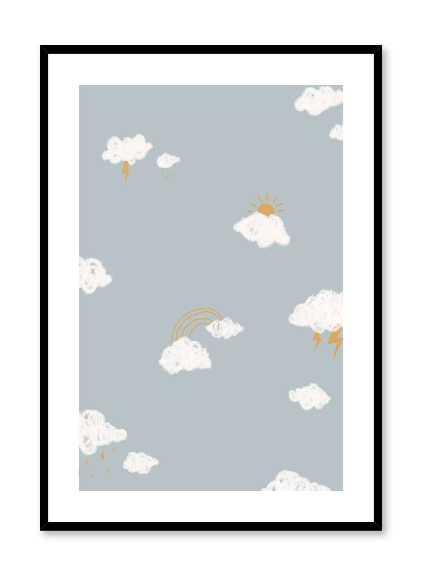 Joyful Sky is a minimalist illustration by Opposite Wall of a sky filled with clouds of different weathers such as sun, rain and thunderstorm.