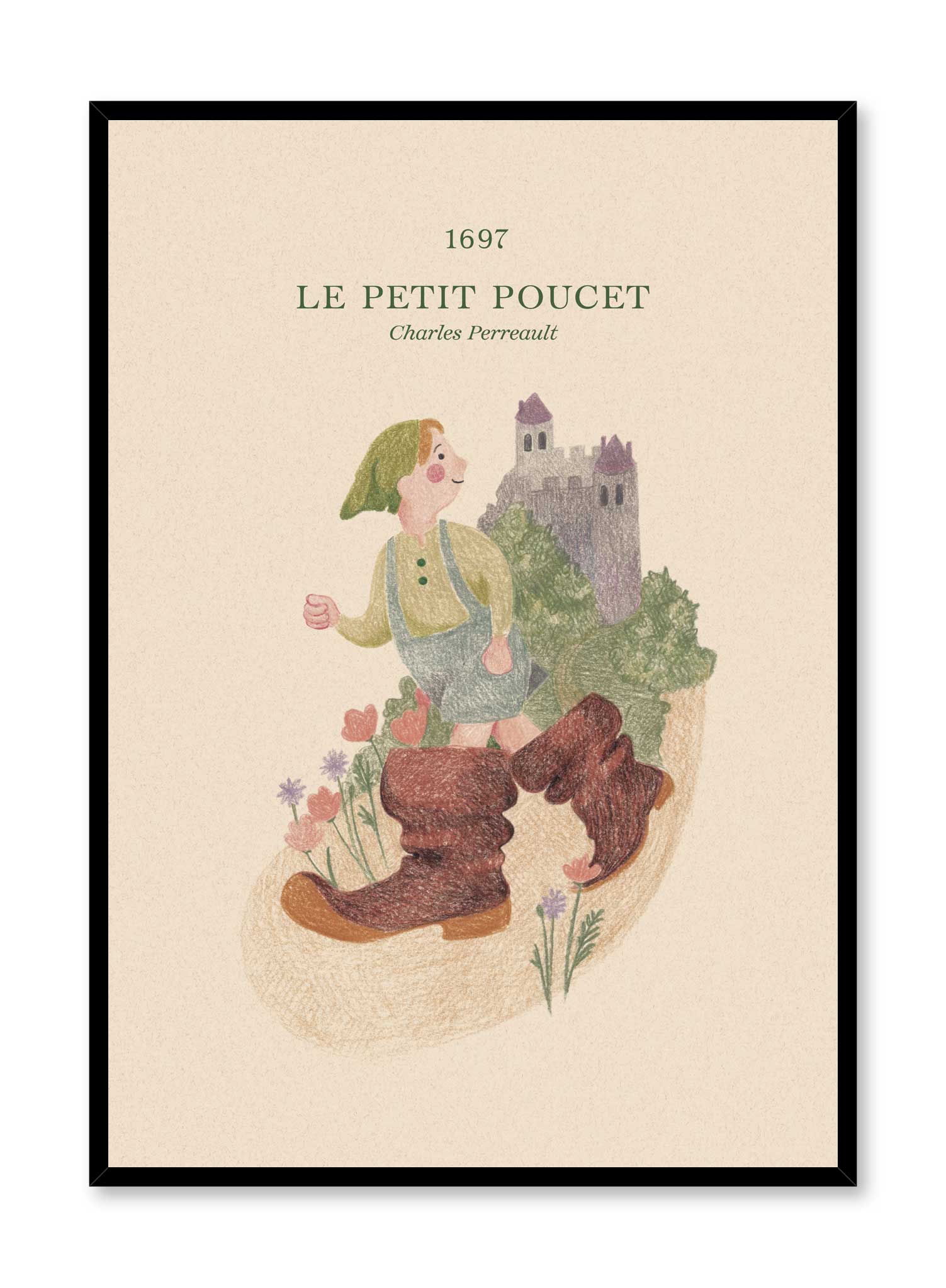 Little Thumb is a minimalist illustration by Opposite Wall of Charles Perrault's Little Thumb where the little boy is seen walking away wearing enormous boots.