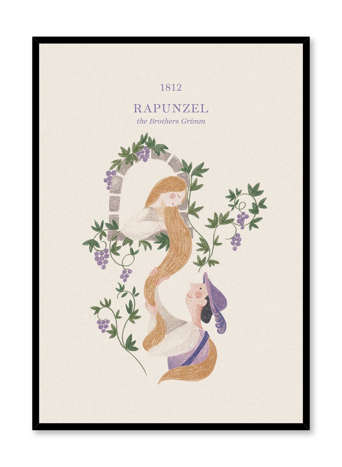 Rapunzel is a minimalist illustration by Opposite Wall of the Brothers Grimm's Rapunzel where the prince is grabbing her hair to save her from the tower.