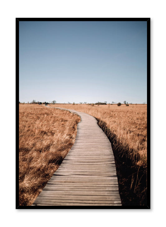 Road to Nowhere is a minimalist photography by Opposite Wall of a wooden elevated path along a tall dry grass field.