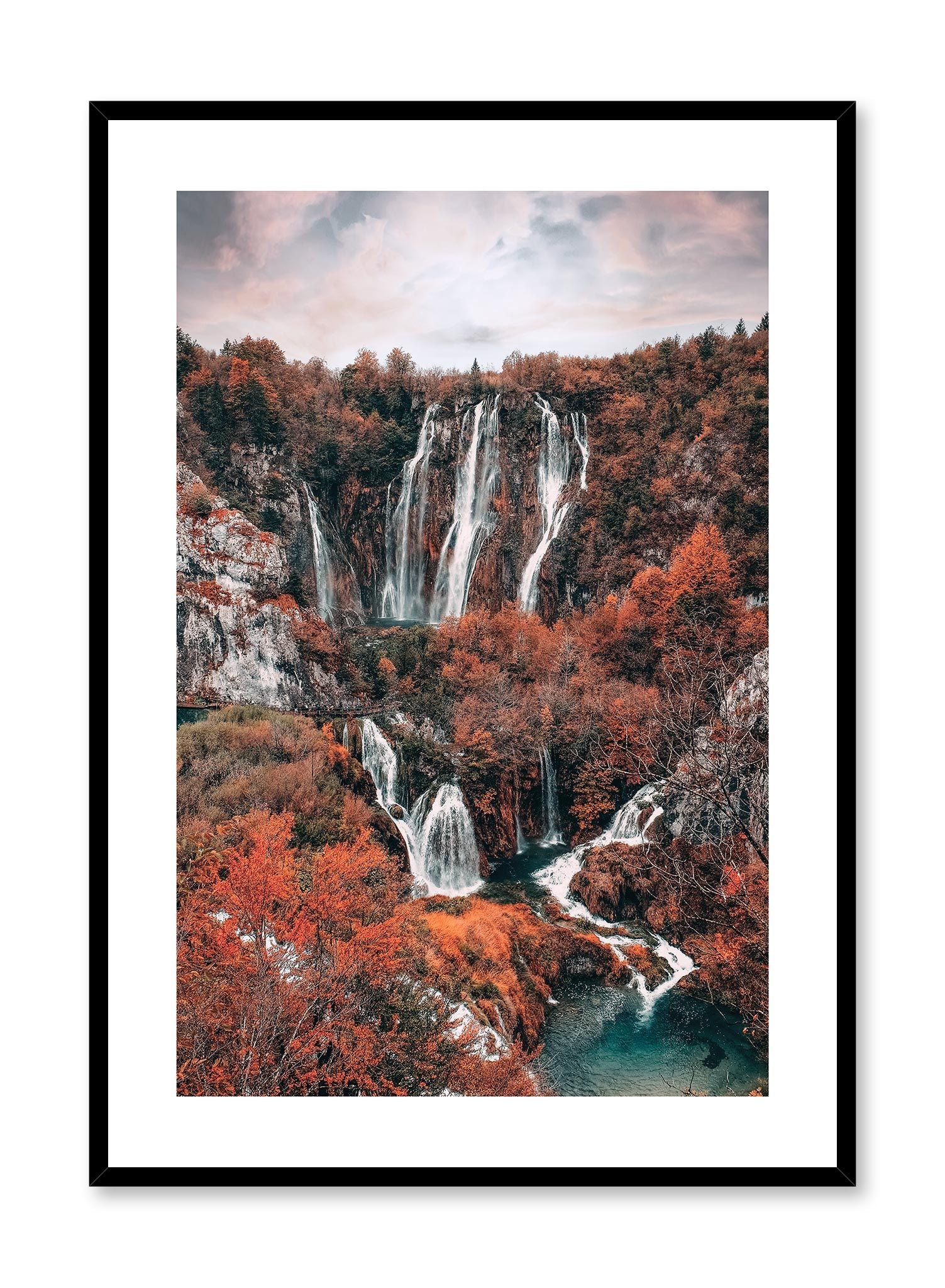 Scarlet Cascade is a minimalist photography by Opposite Wall of multiple waterfalls amidst an autumnal mountain forest with red leaves.